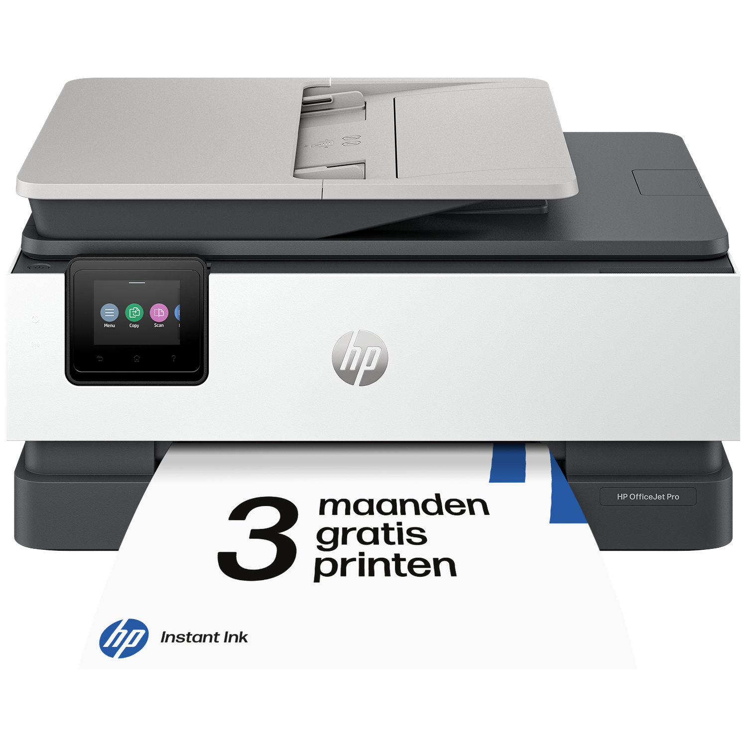 Een witte HP OfficeJet Pro printer met touchscreen print een papier met '3 maanden gratis printen'.