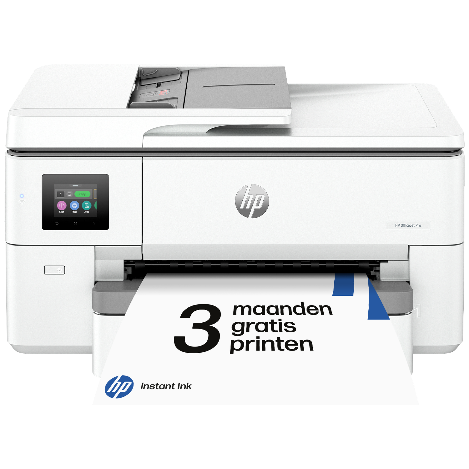 Een witte HP OfficeJet Pro printer met touchscreen en bedrukt papier.