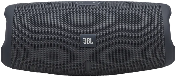 Szürke JBL Bluetooth hangszóró szövetráccsal és vezérlőgombokkal.