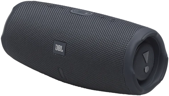 Sötétszürke JBL Bluetooth hangszóró szövetborítással és gumírozott végzárókkal.