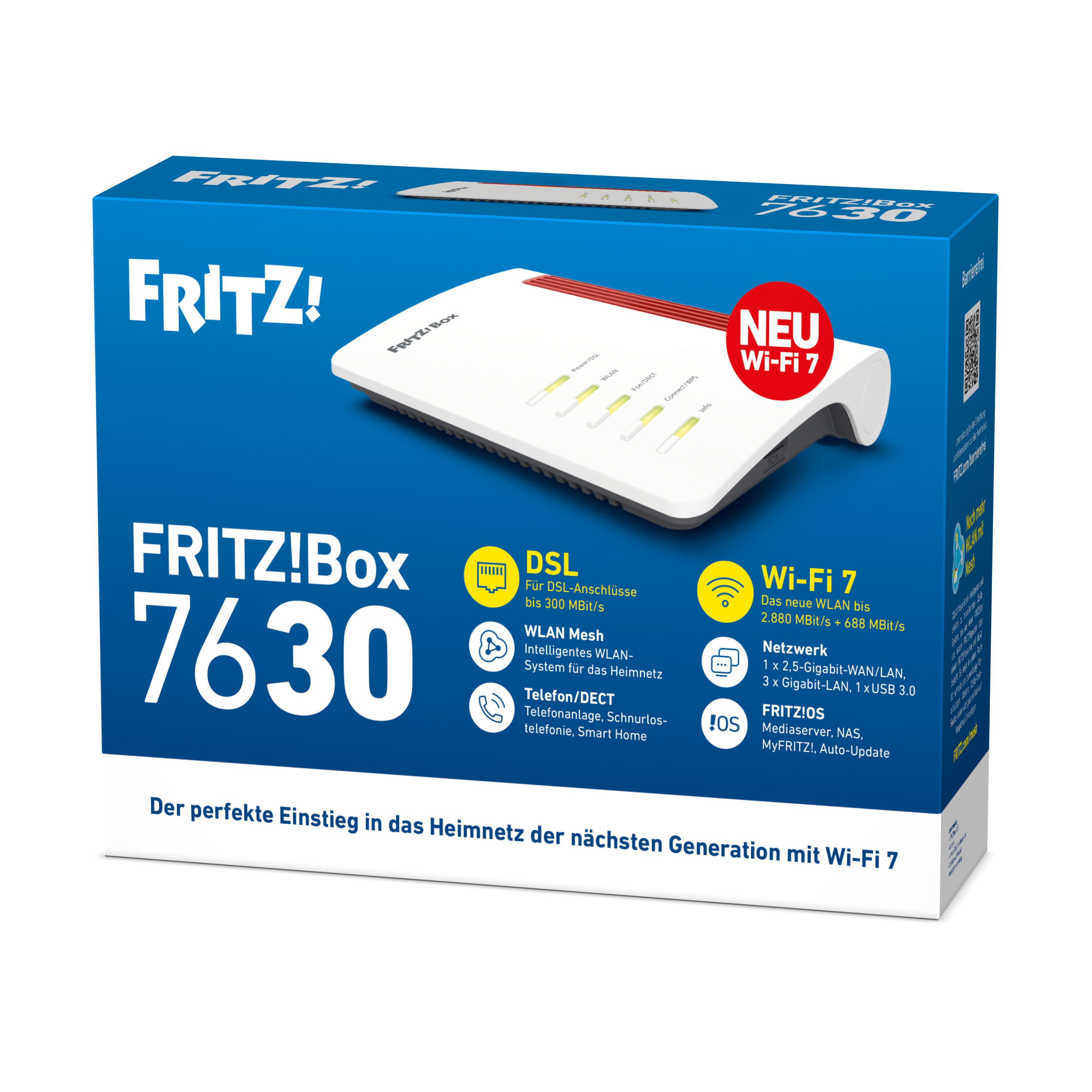 FRITZ!Box 7630 Router mit Wi-Fi 7, DSL, WLAN Mesh, Telefonie und Netzwerkanschlüssen.