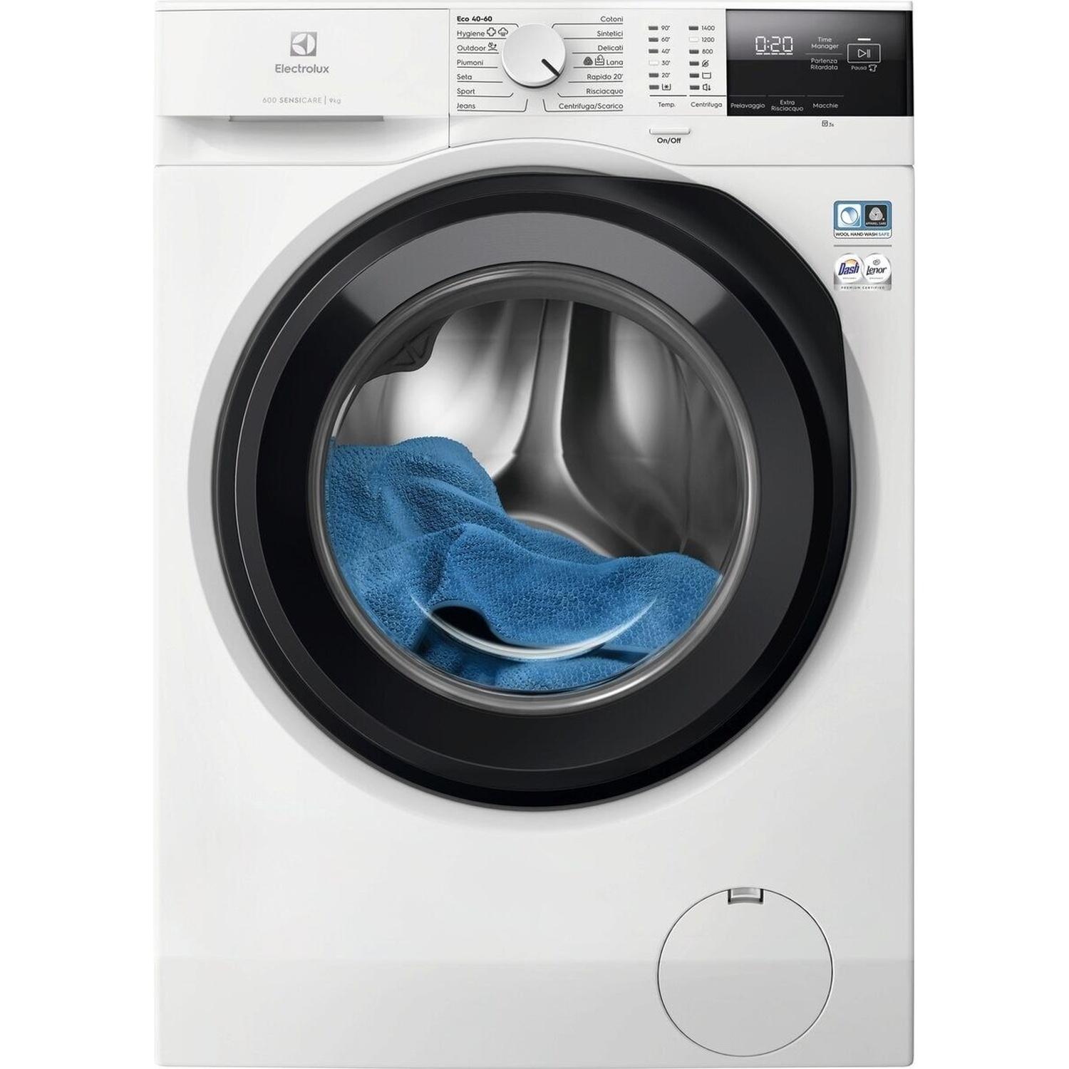 Lavatrice Electrolux bianca con oblò nero e bucato blu all'interno.