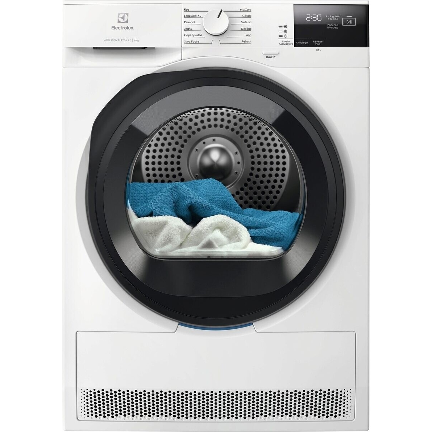 Un'asciugatrice Electrolux bianca con asciugamani blu e bianchi nel cestello.