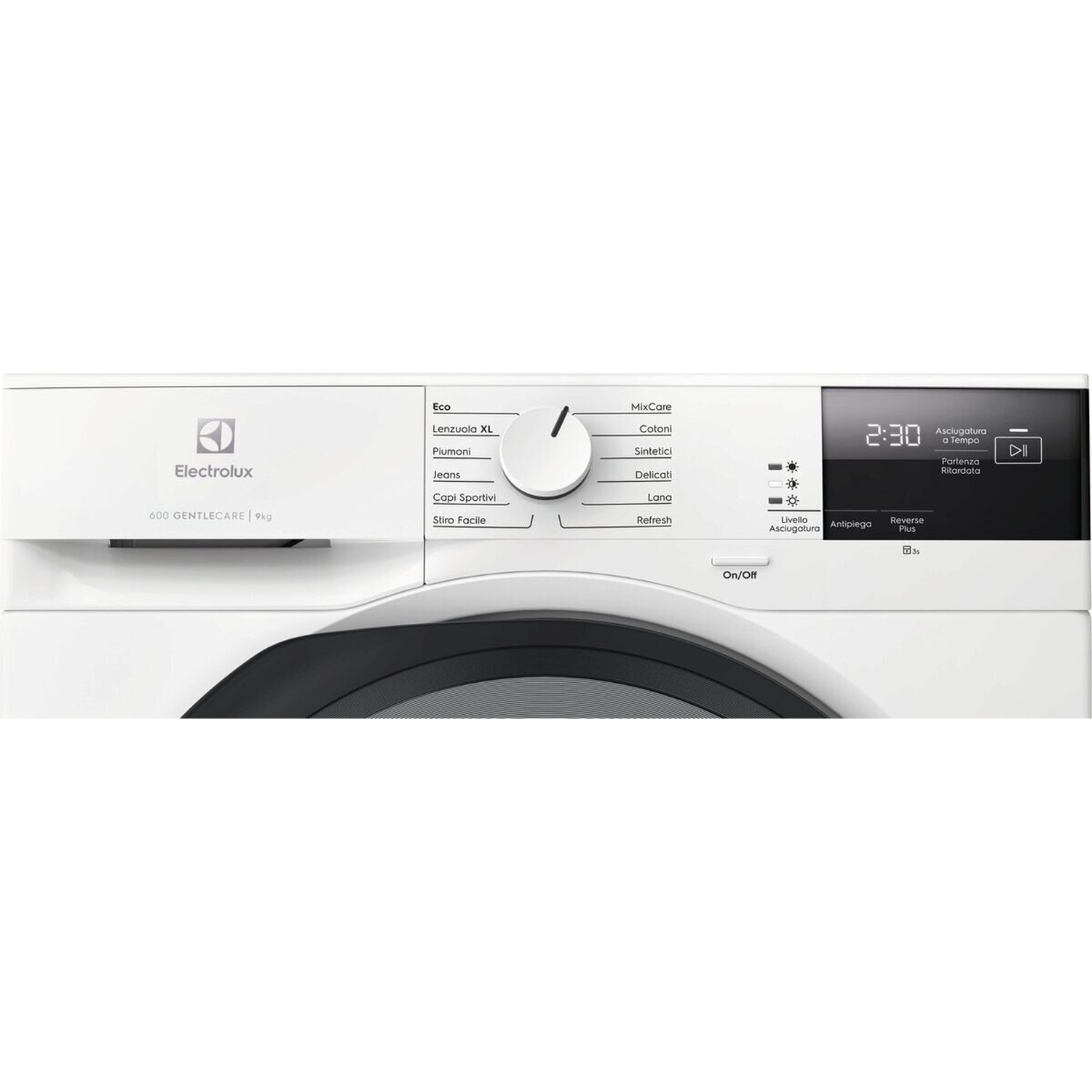 Pannello di controllo bianco di asciugatrice Electrolux con selezione programmi e display digitale.