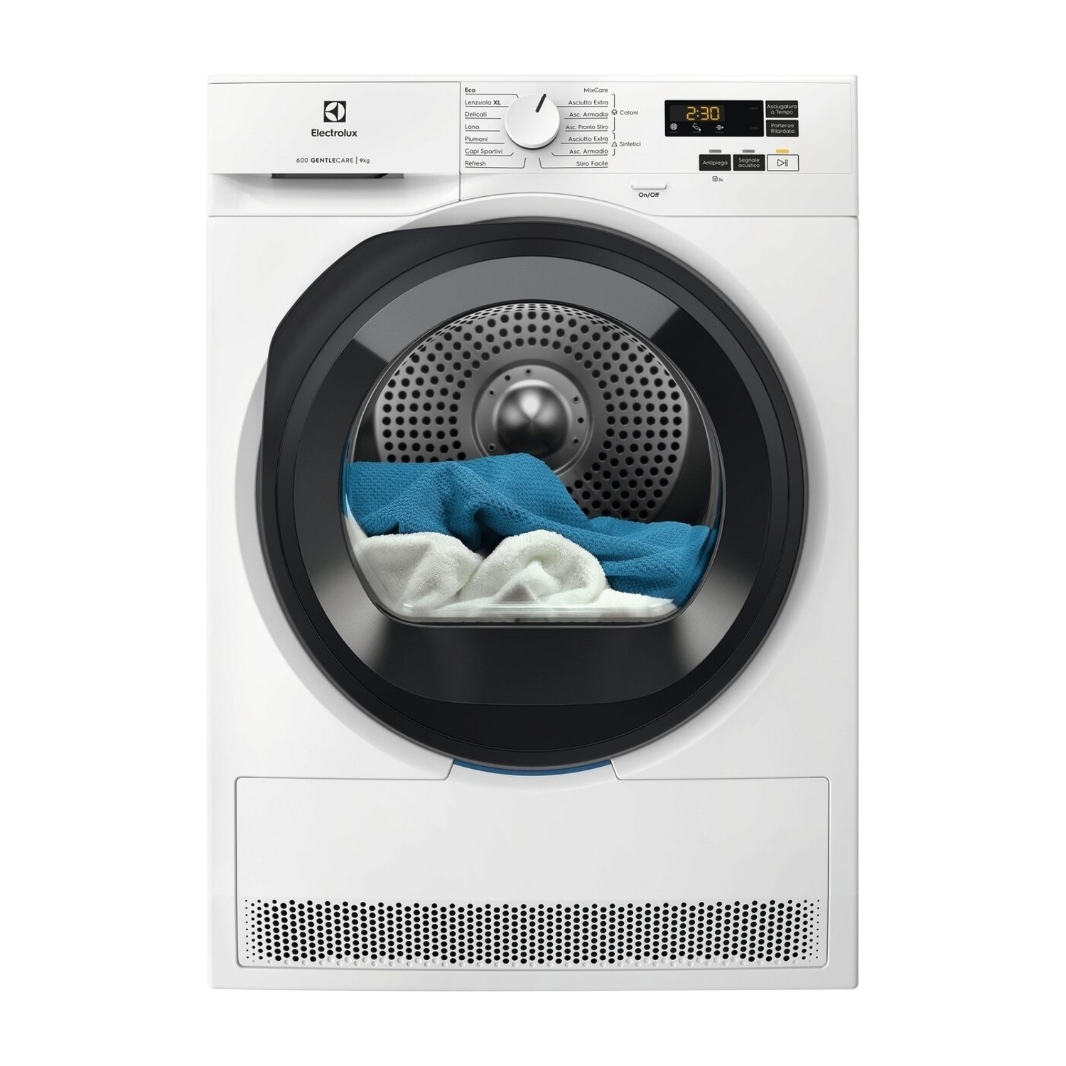 Un'asciugatrice Electrolux bianca con porta nera, contenente una coperta blu e bianca.