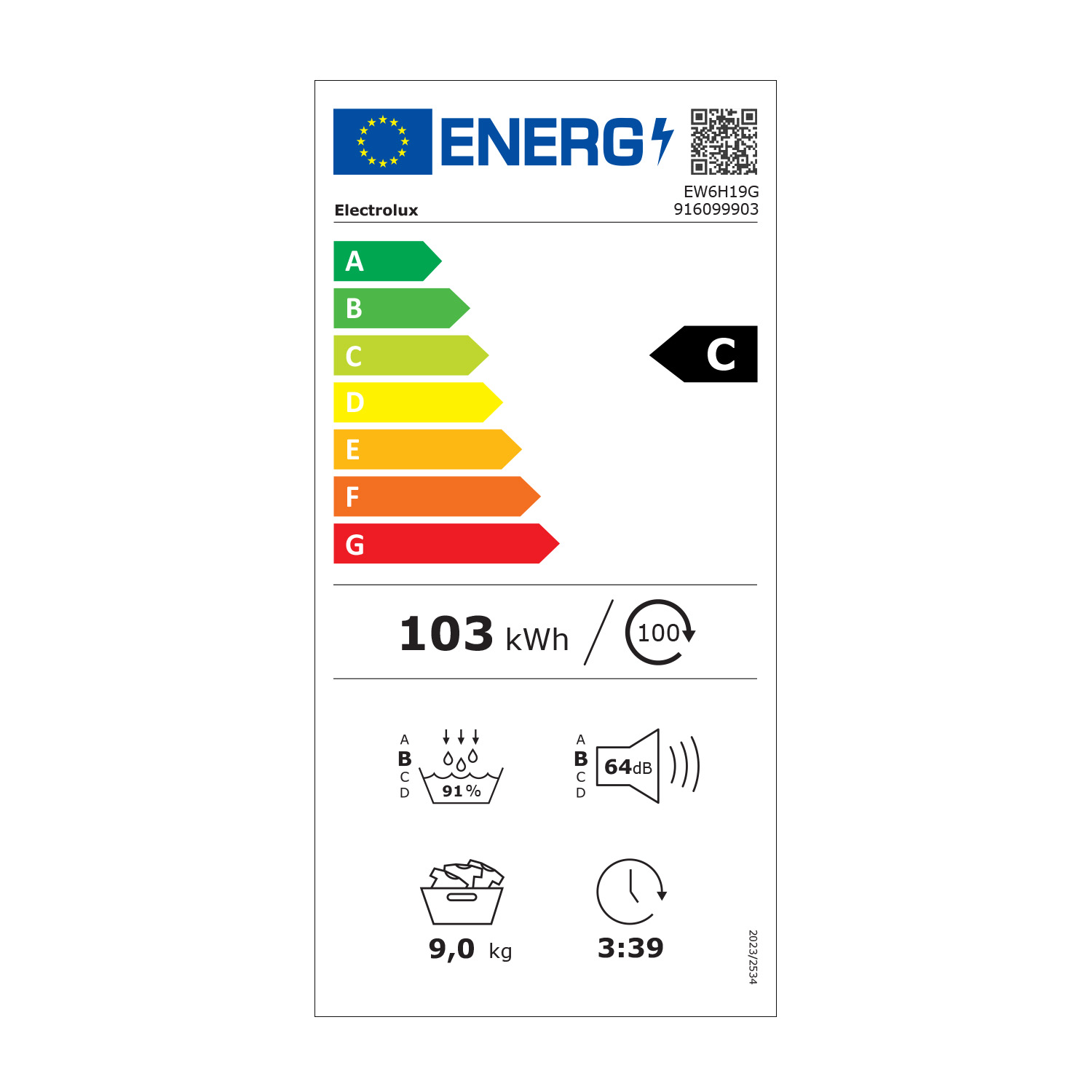 Etichetta energetica lavatrice: classe C, 103 kWh/100 cicli, 64 dB, 9 kg