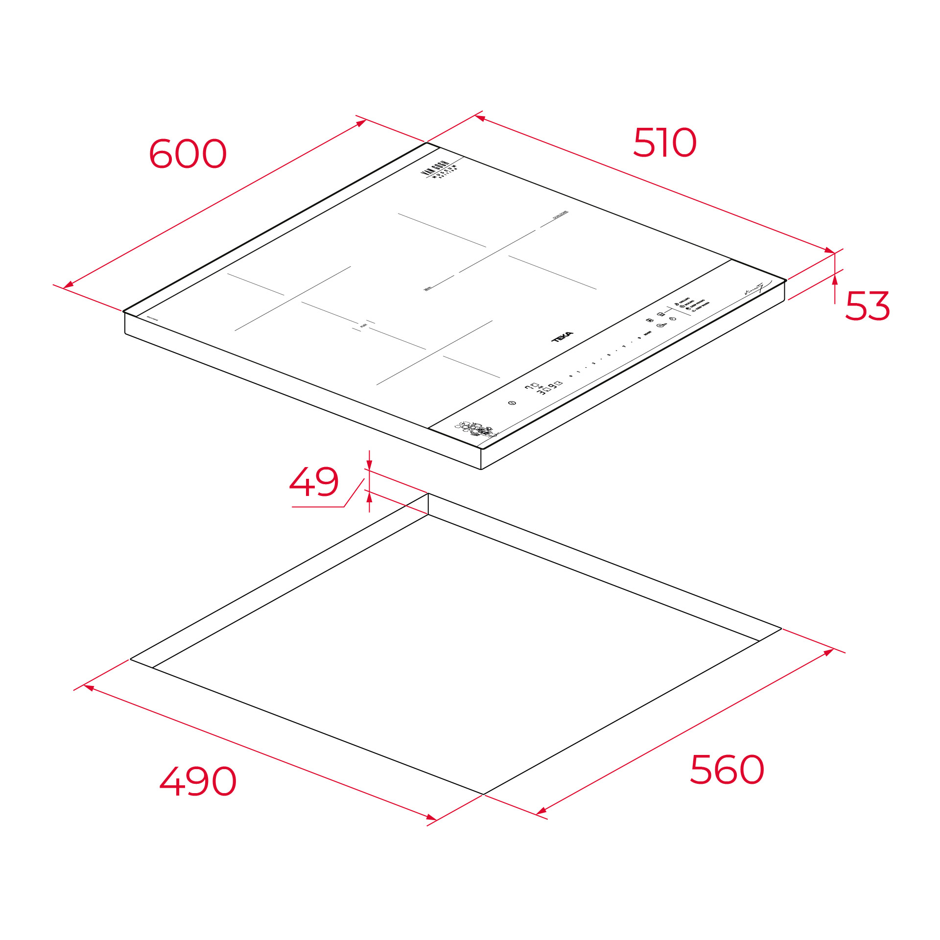 Diagrama que muestra dimensiones de una placa inducción negra: 600x510x53mm, corte 490x560mm.