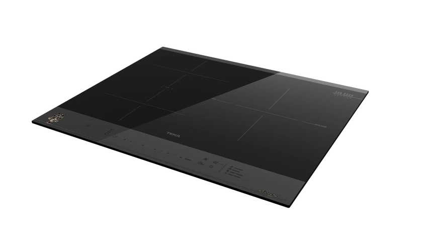 Placa de inducción negra con cuatro zonas de cocción y panel táctil.