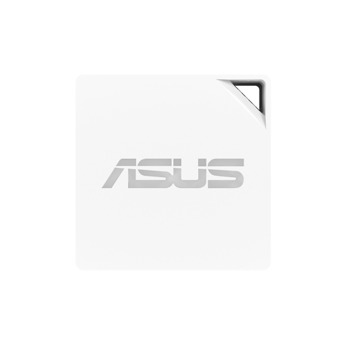 Un logo blanco de ASUS en un cuadrado blanco con detalle de esquina negra.