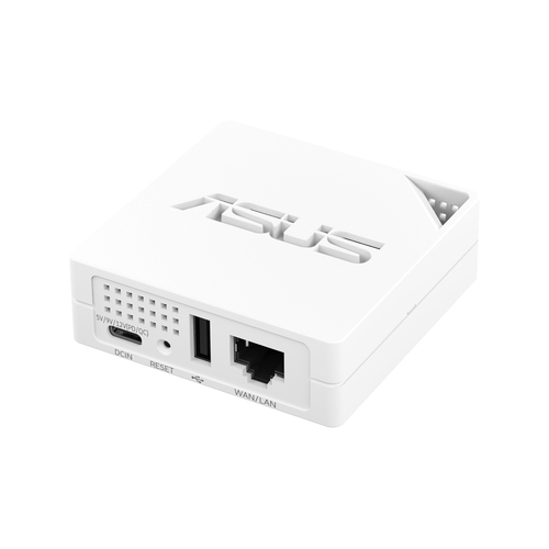 Un router ASUS blanco con puertos DCIN, USB y WAN/LAN visibles.