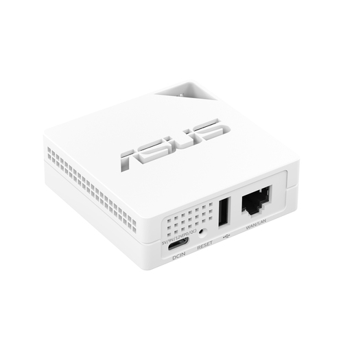 Router ASUS blanco con puertos: DCIN, USB y WAN/LAN. Ventilación y logo en relieve.