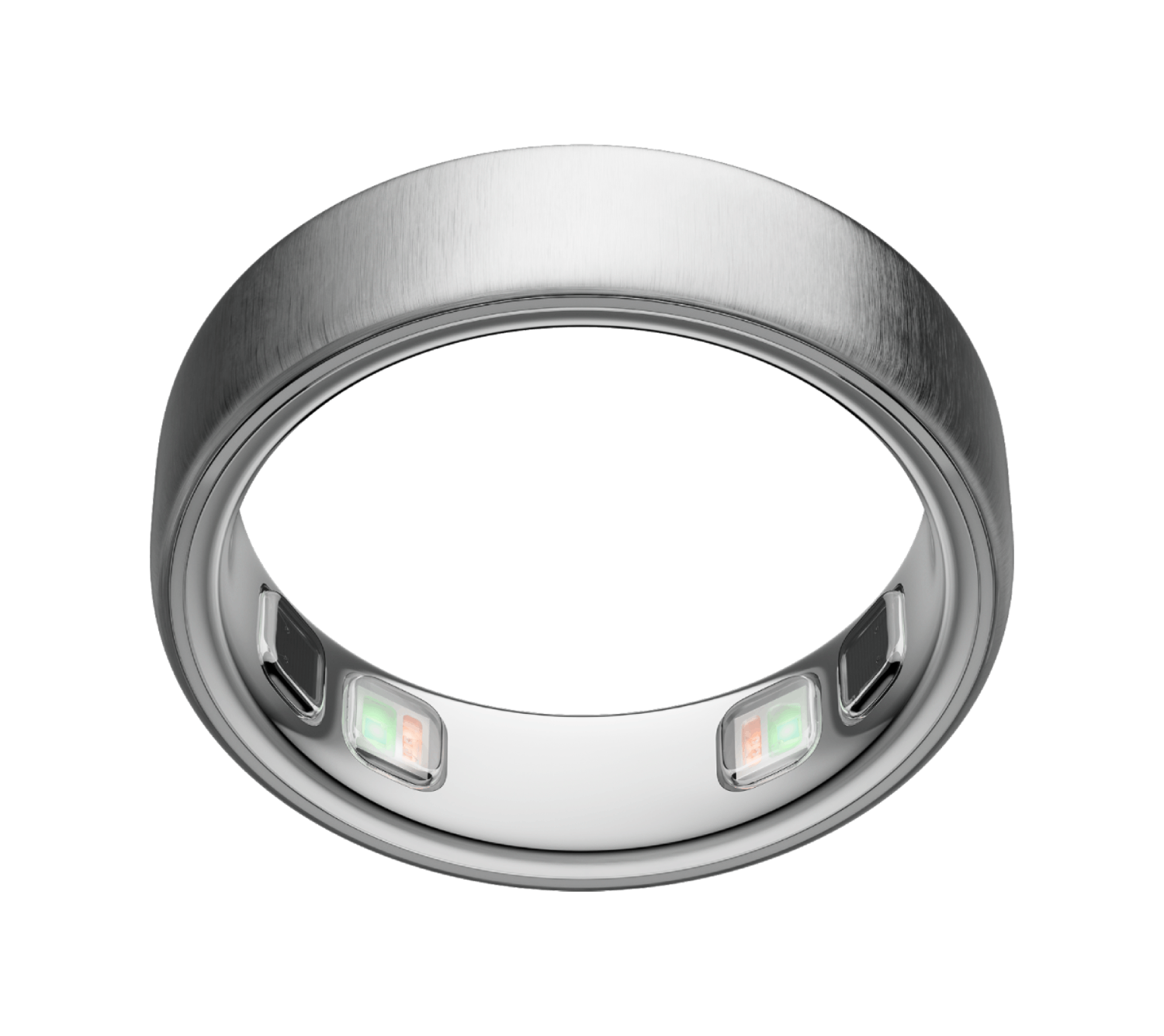 Un anillo inteligente plateado con luces verdes y naranjas.