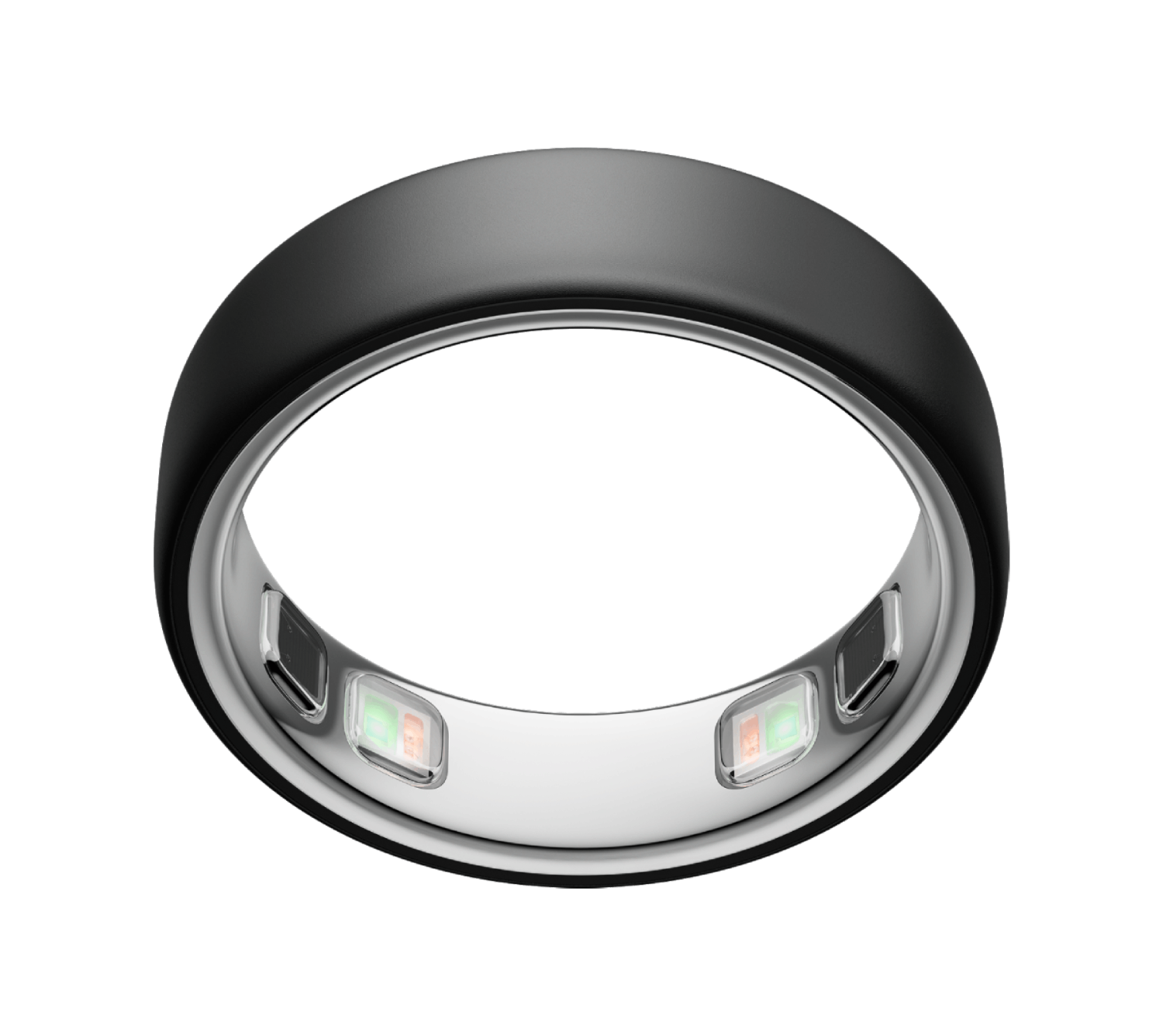 Anillo negro con borde plateado pulido y LEDs brillantes.