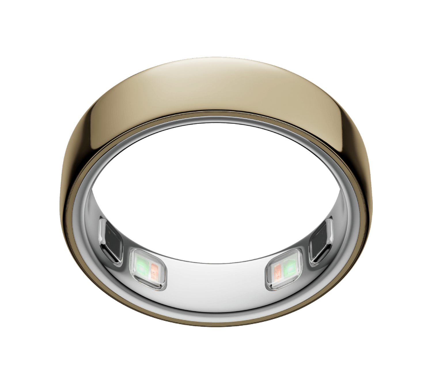 Anillo dorado con interior plateado y LEDs iluminados.