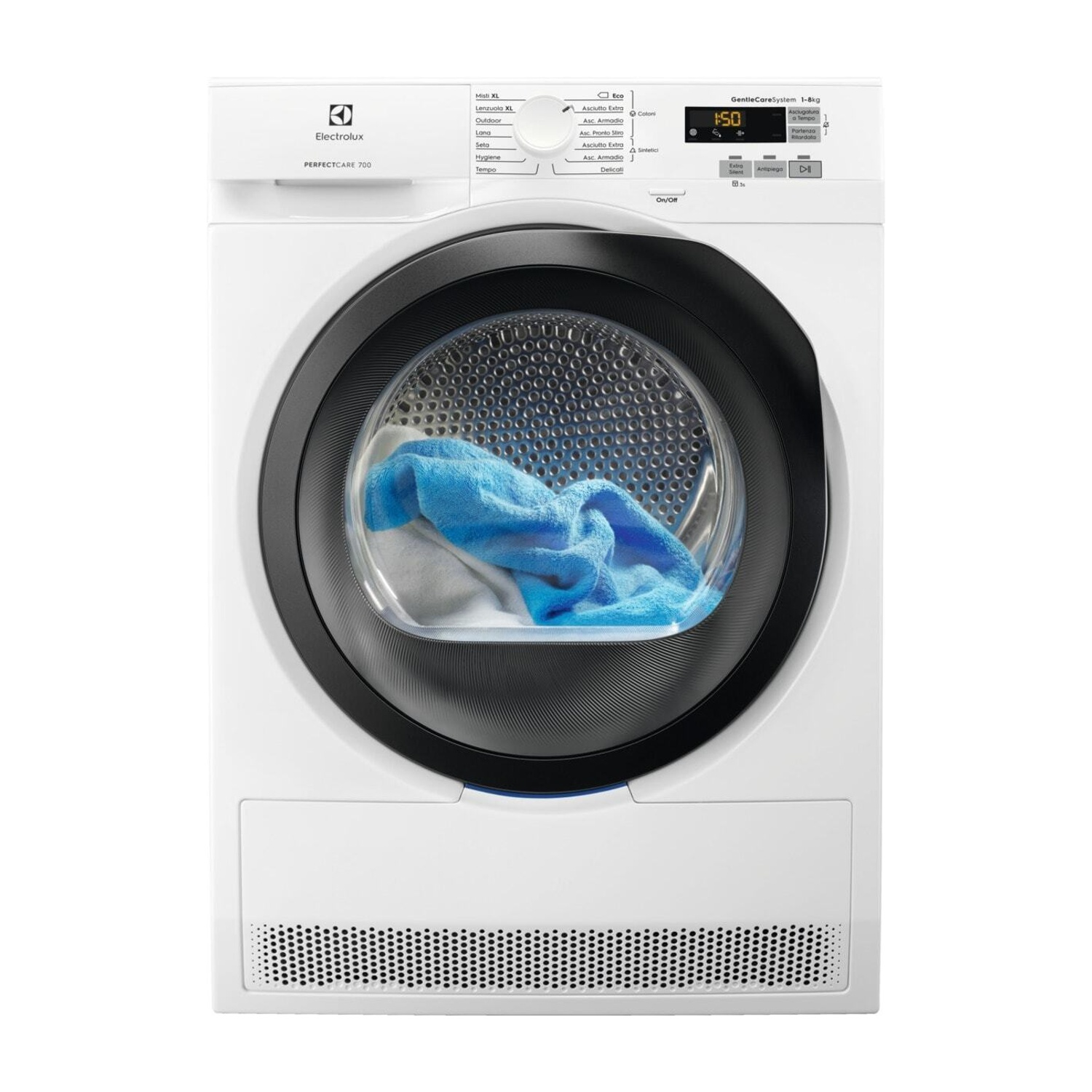 Un'asciugatrice Electrolux PerfectCare 700 bianca con biancheria blu all'interno.