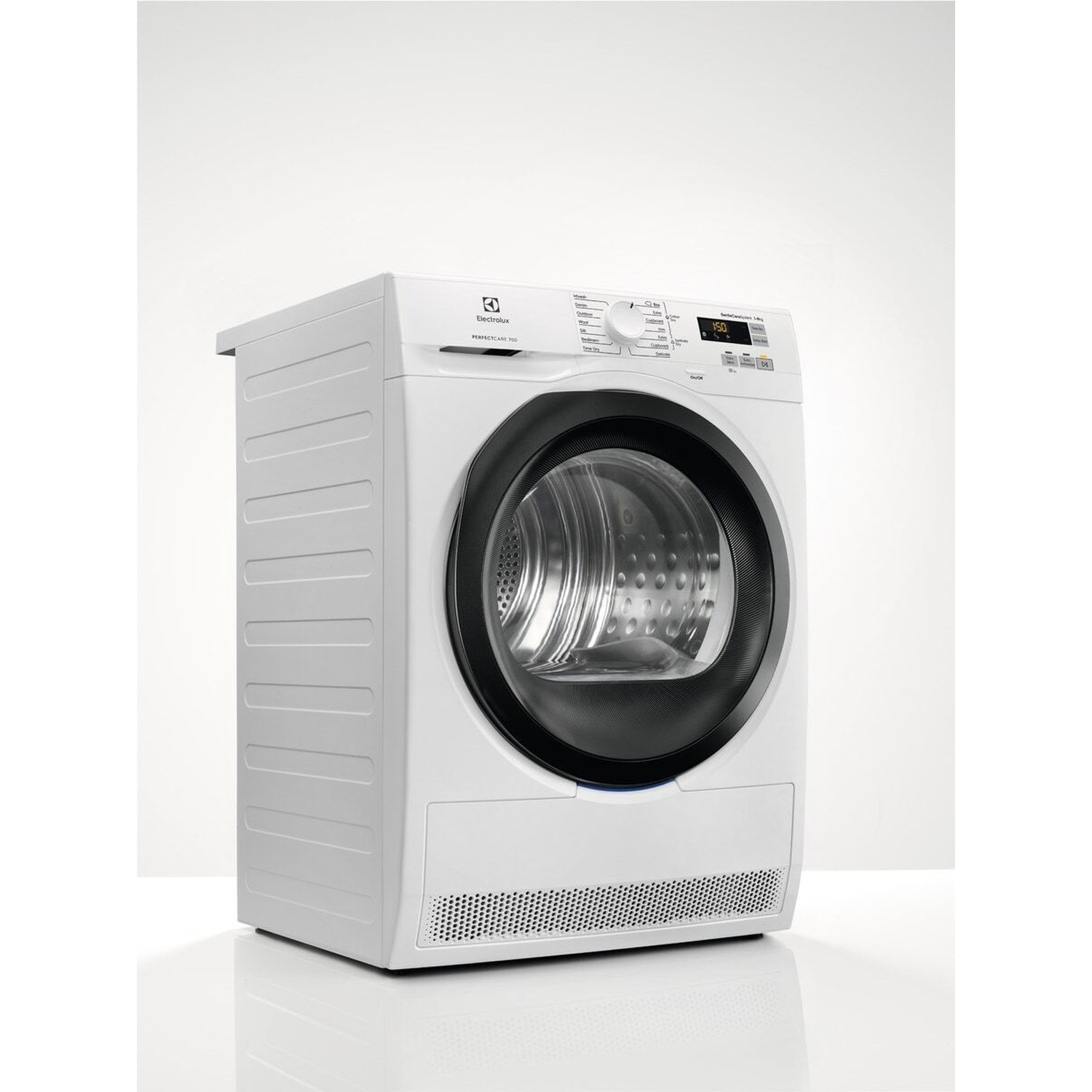 Un'asciugatrice bianca Electrolux con oblò e display neri.