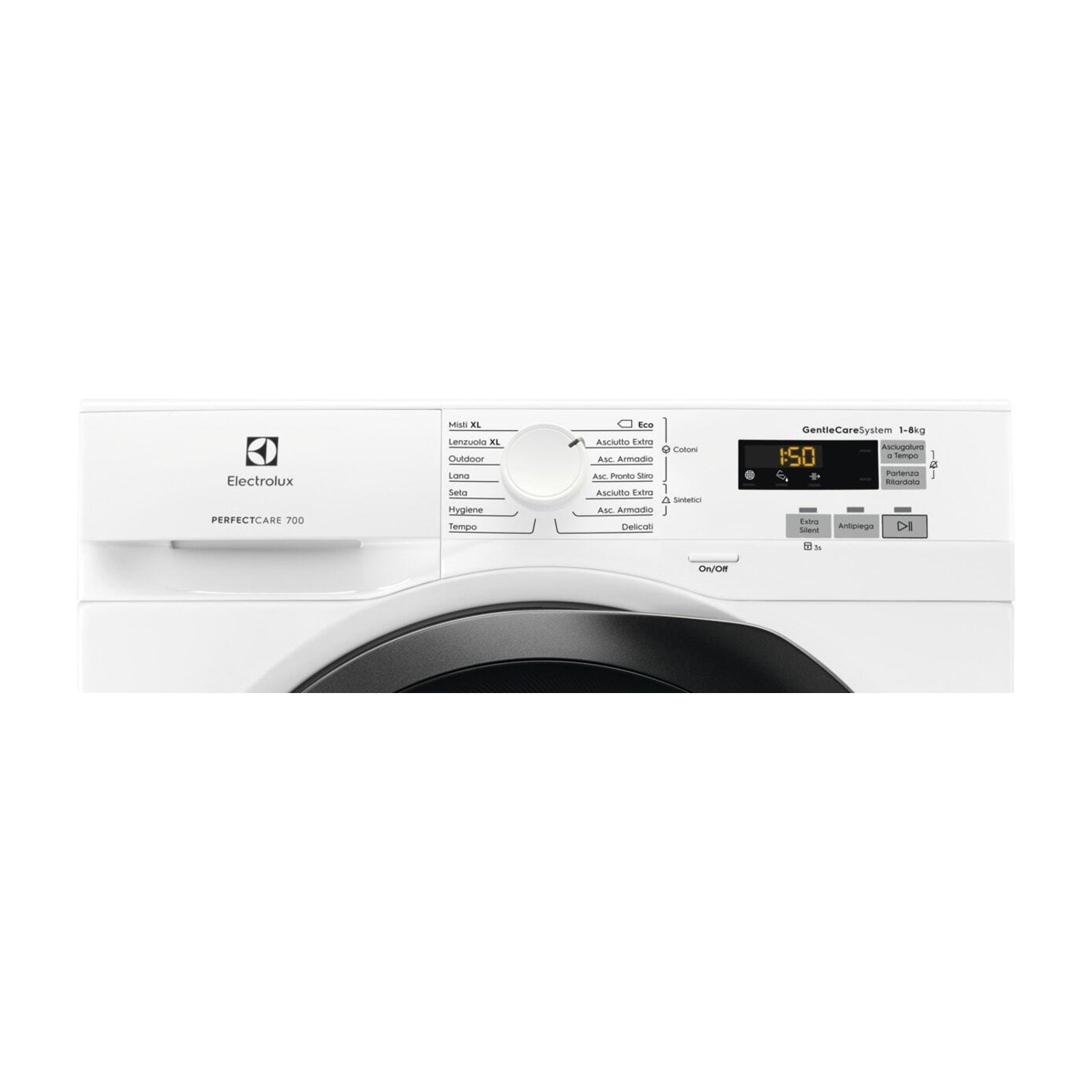 Una lavatrice bianca Electrolux con pannello di controllo e display digitale.