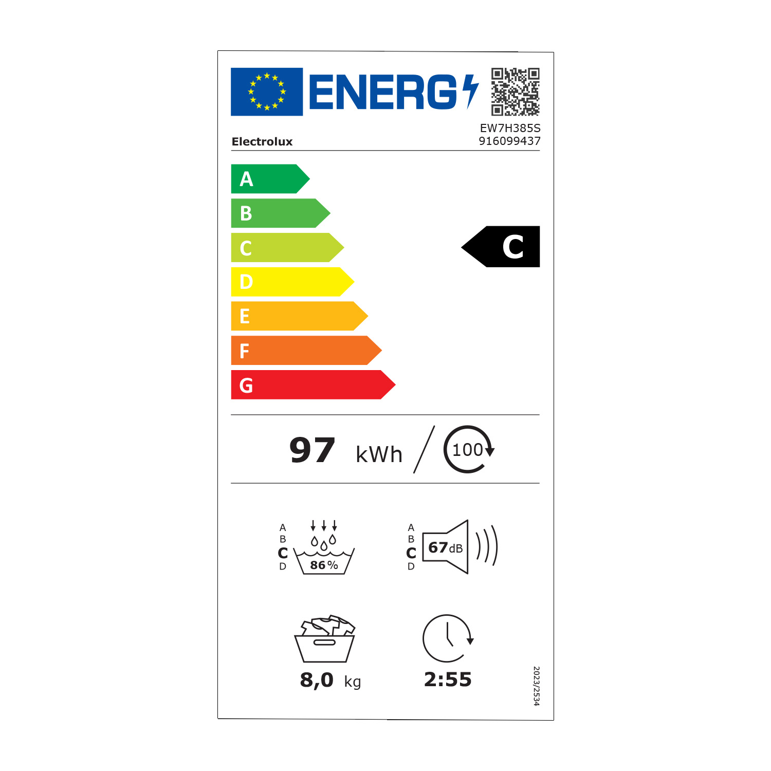 Etichetta energetica Electrolux classe C, 97 kWh, 86% centrifuga.
