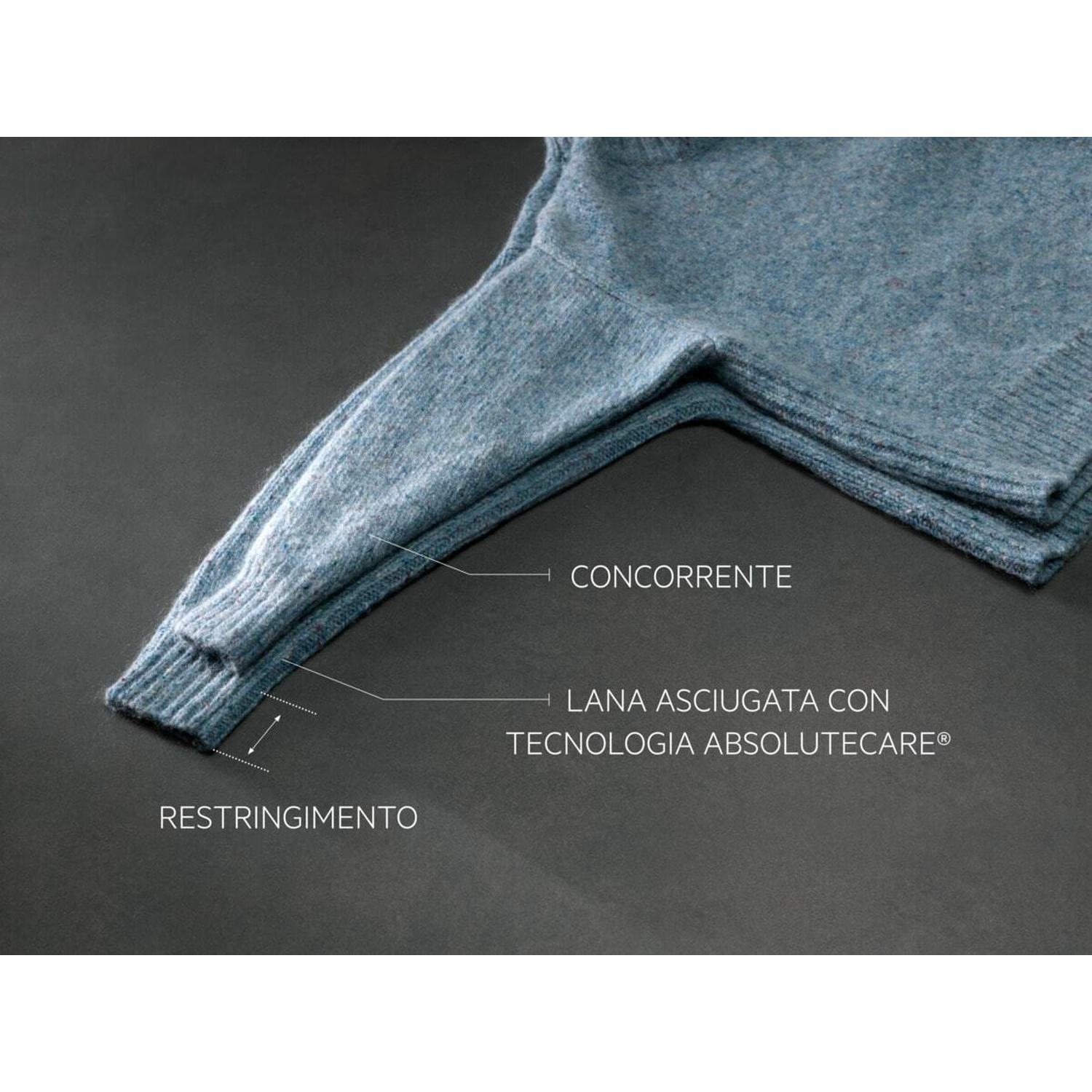 Maglione di lana blu con etichette di restringimento e tecnologia