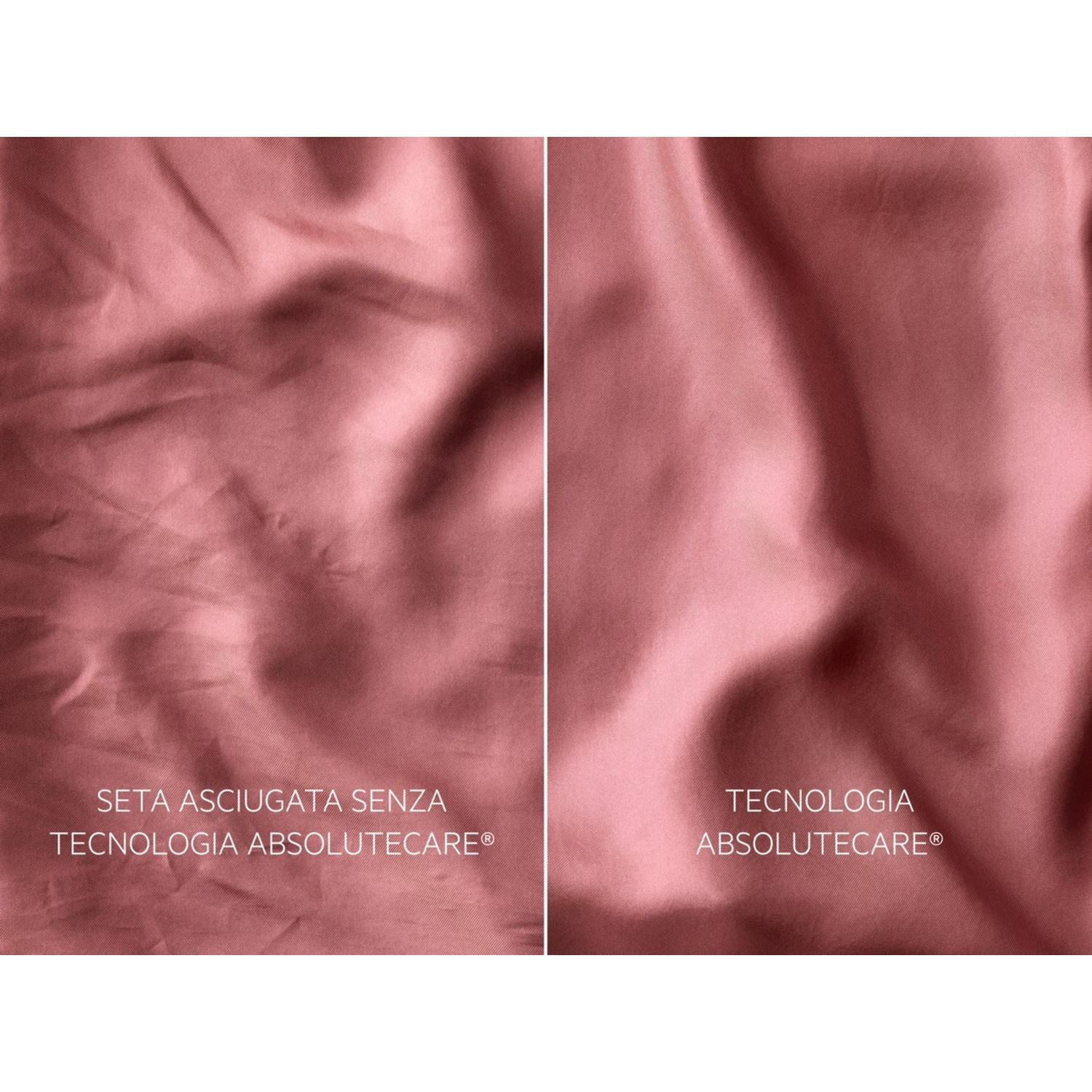 Tessuto rosa con pieghe e testo a sinistra, tessuto liscio a destra.