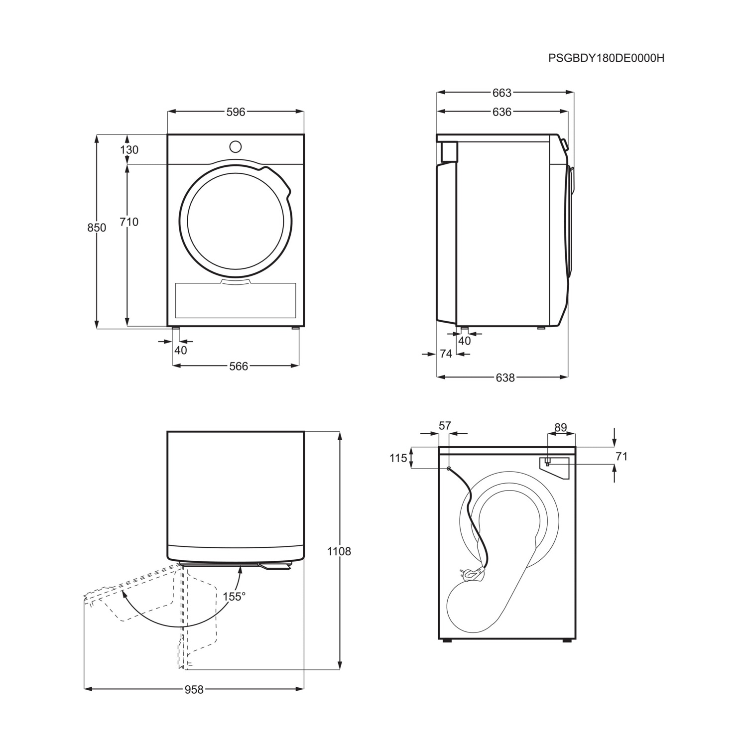 Disegno tecnico di una lavatrice con dimensioni. Viste frontale, laterale e posteriore.