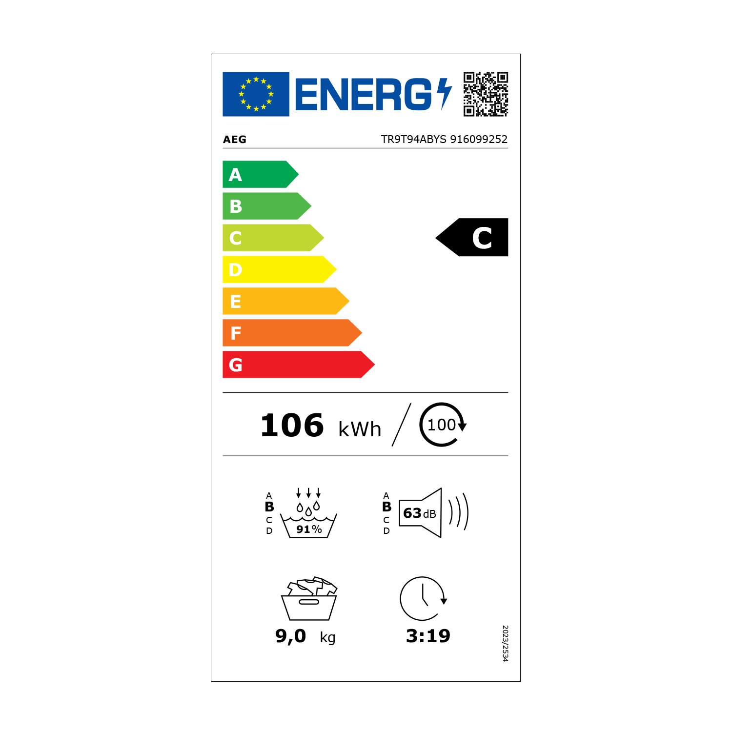 Etichetta energetica lavatrice AEG, classe C, 106 kWh/100 cicli.