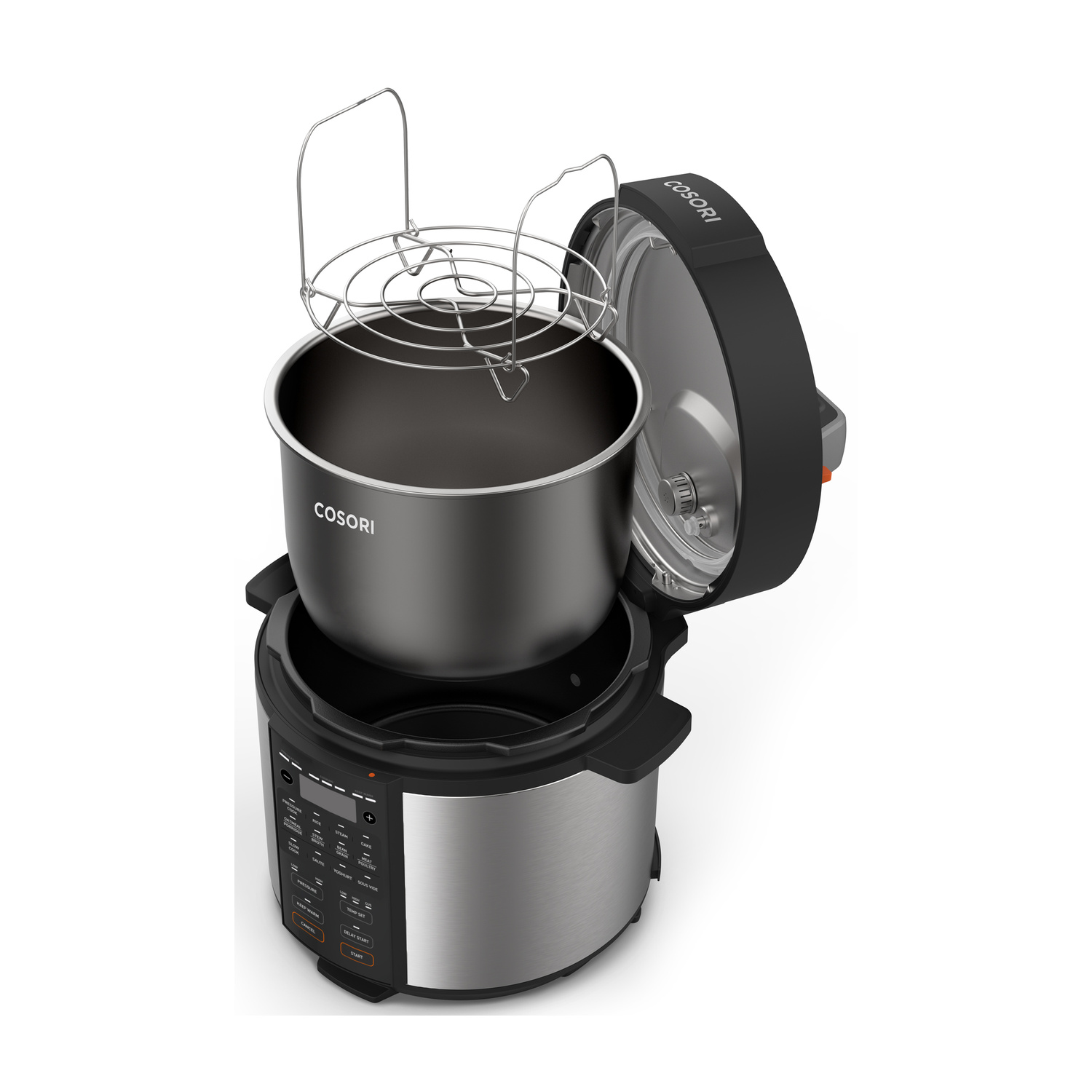 Pentola a pressione aperta in acciaio inox con inserto nero e griglia.