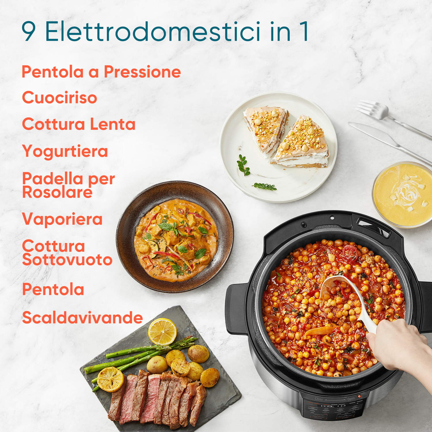 Un multi-cooker con varie funzioni, circondato da piatti e dolci.