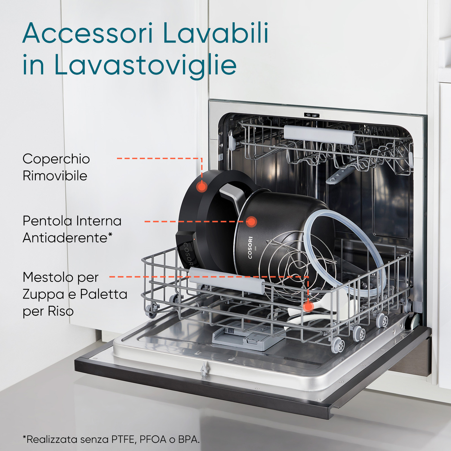 Una pentola con accessori all'interno di una lavastoviglie aperta.