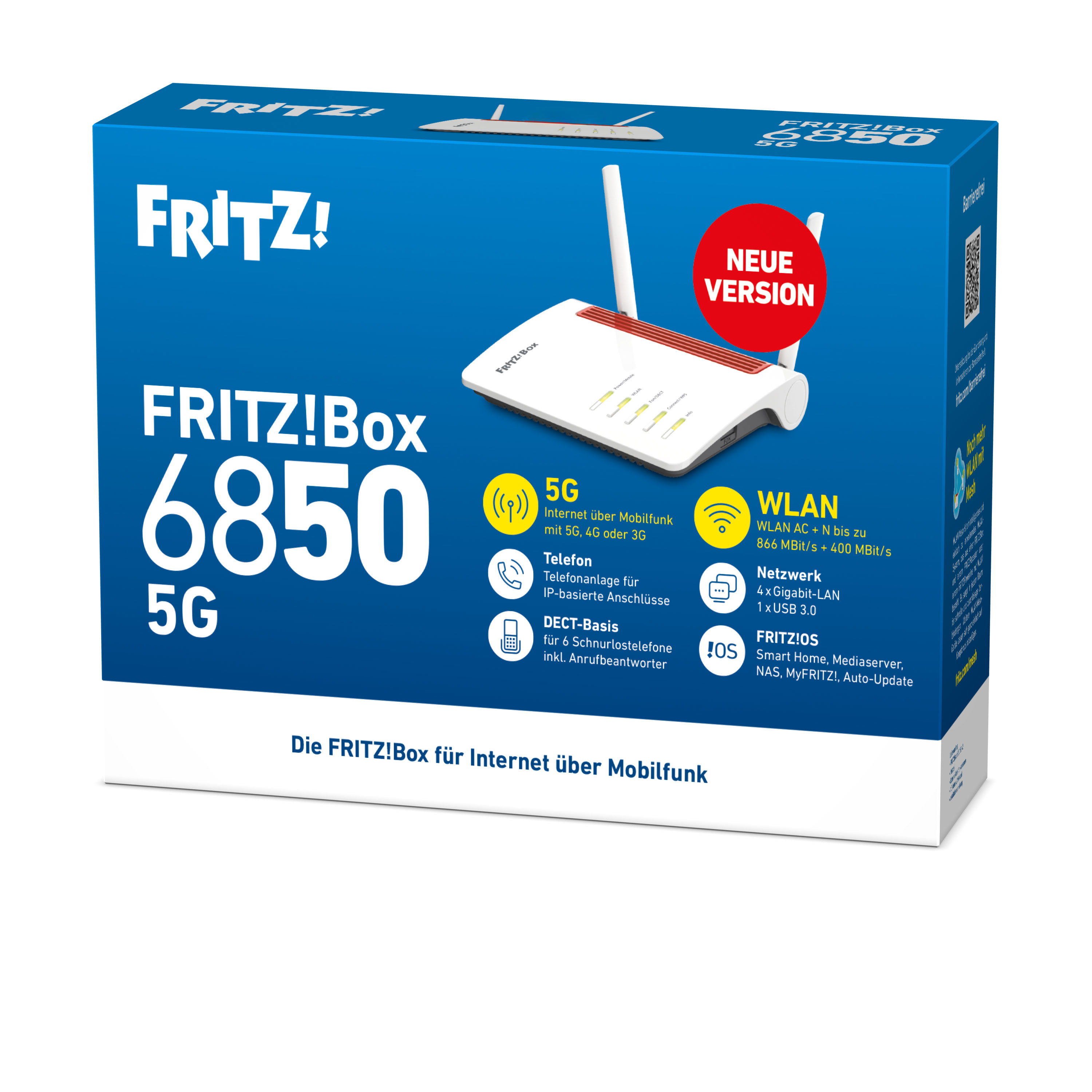 Verpackung der Fritz!Box 6850 5G mit Router, Antennen und Produktinformationen.