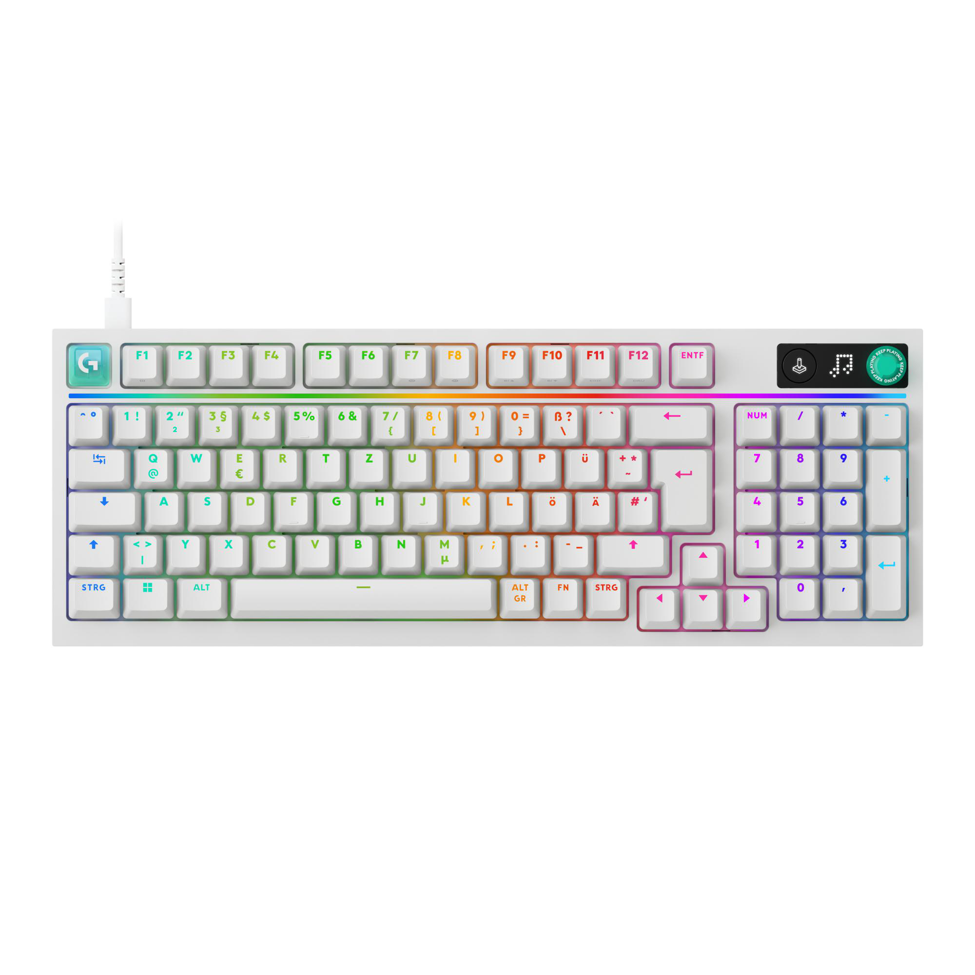 Ein weißes Gaming-Keyboard mit RGB-Beleuchtung, Nummernblock und beleuchteten Tasten.