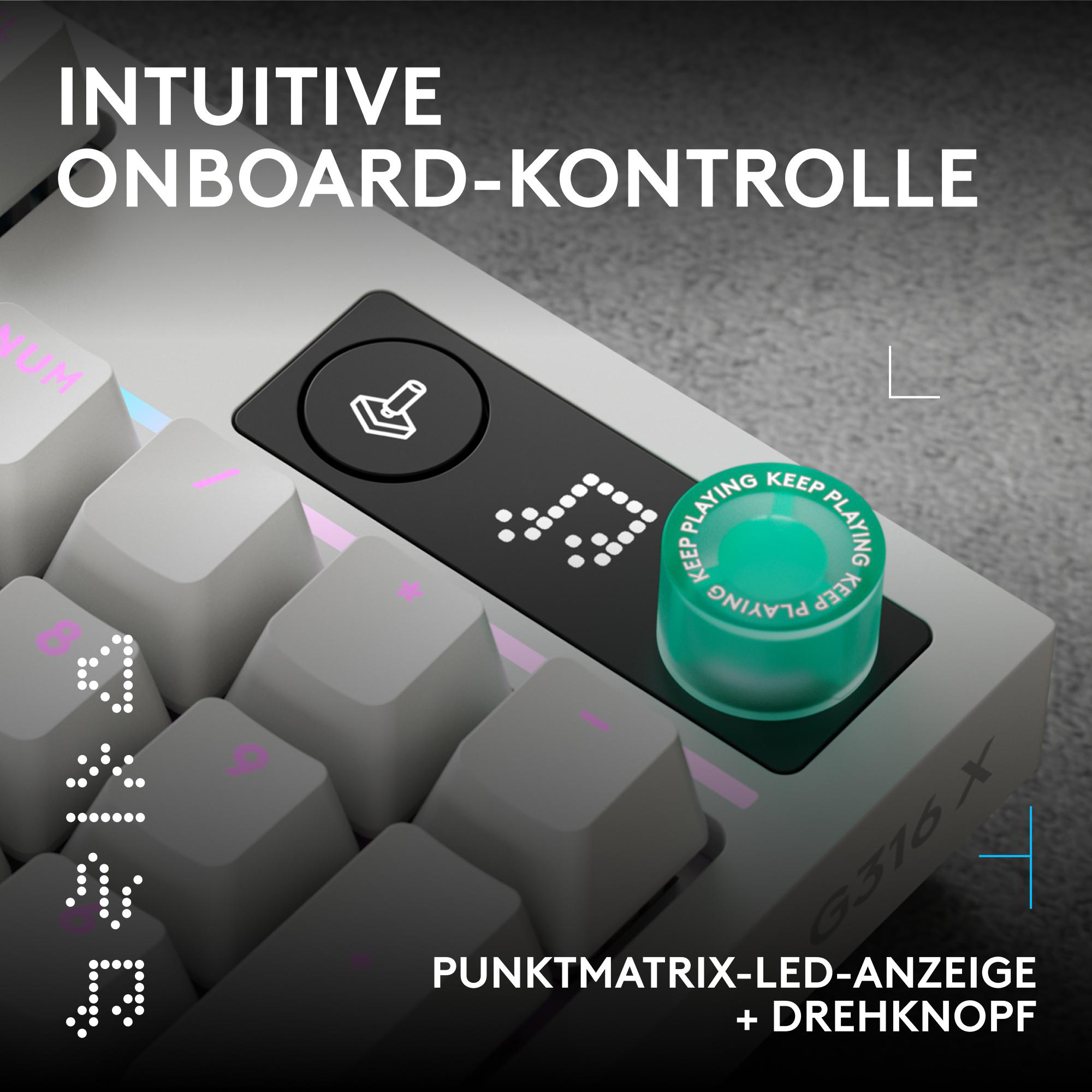 Graue Tastatur mit grüner Rolle, LED-Anzeige und Text.