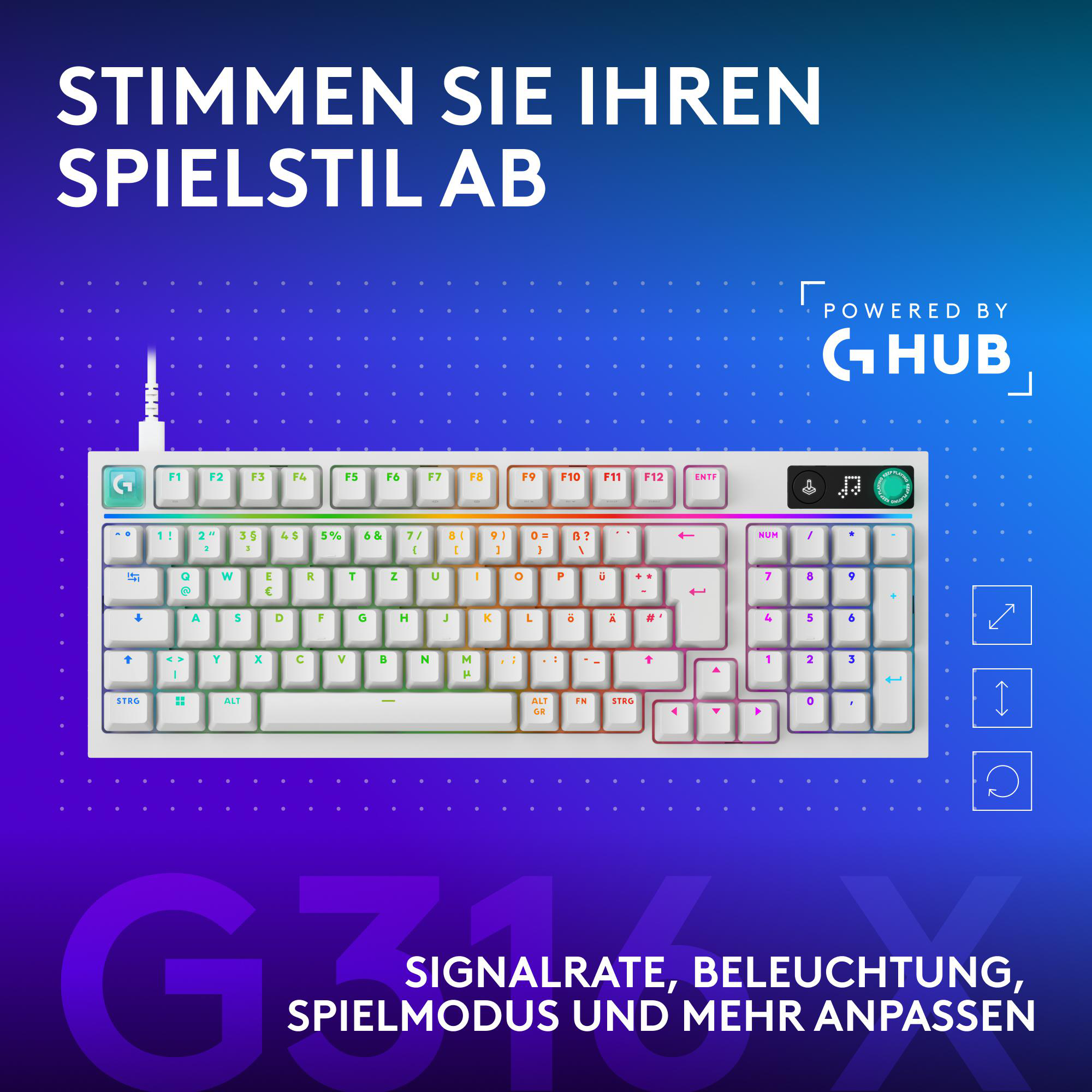 Eine weiße Tastatur mit RGB-Beleuchtung und deutschem Layout.