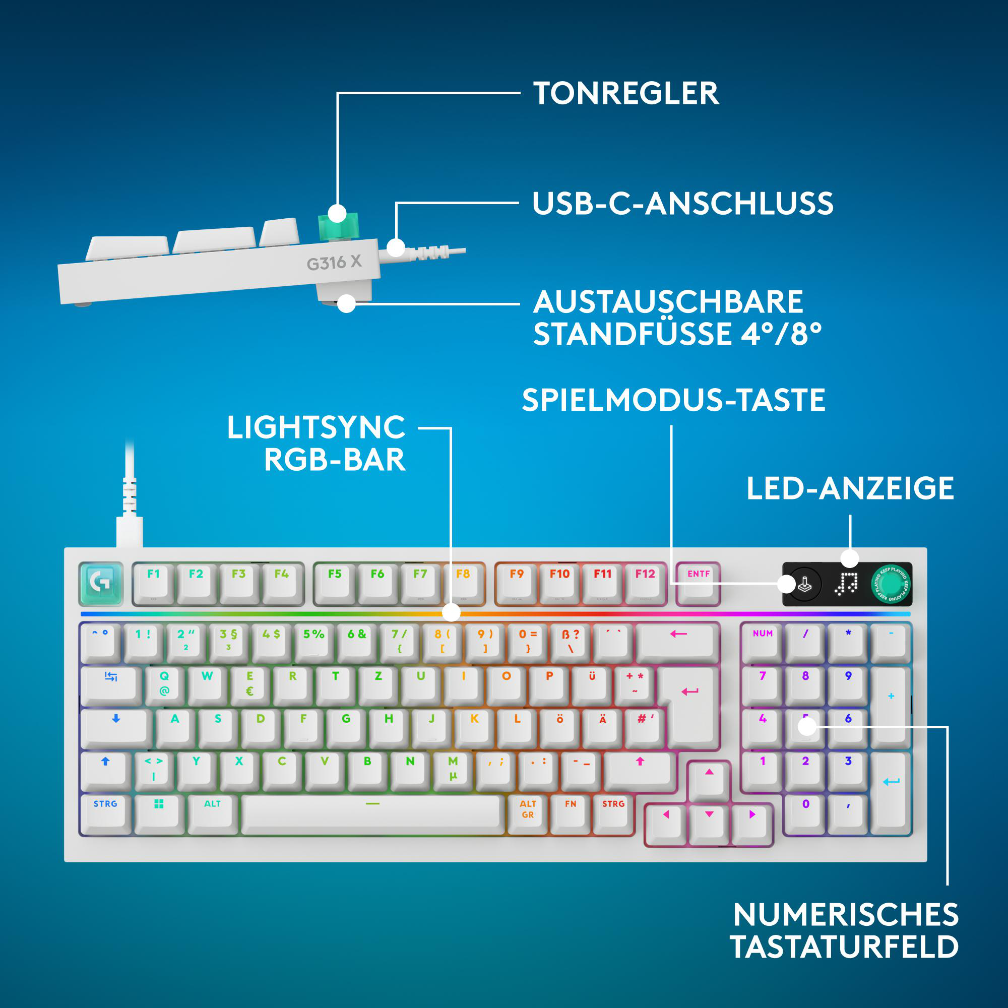 Eine weiße mechanische Tastatur mit RGB-Beleuchtung und deutschen Tastenkappen.