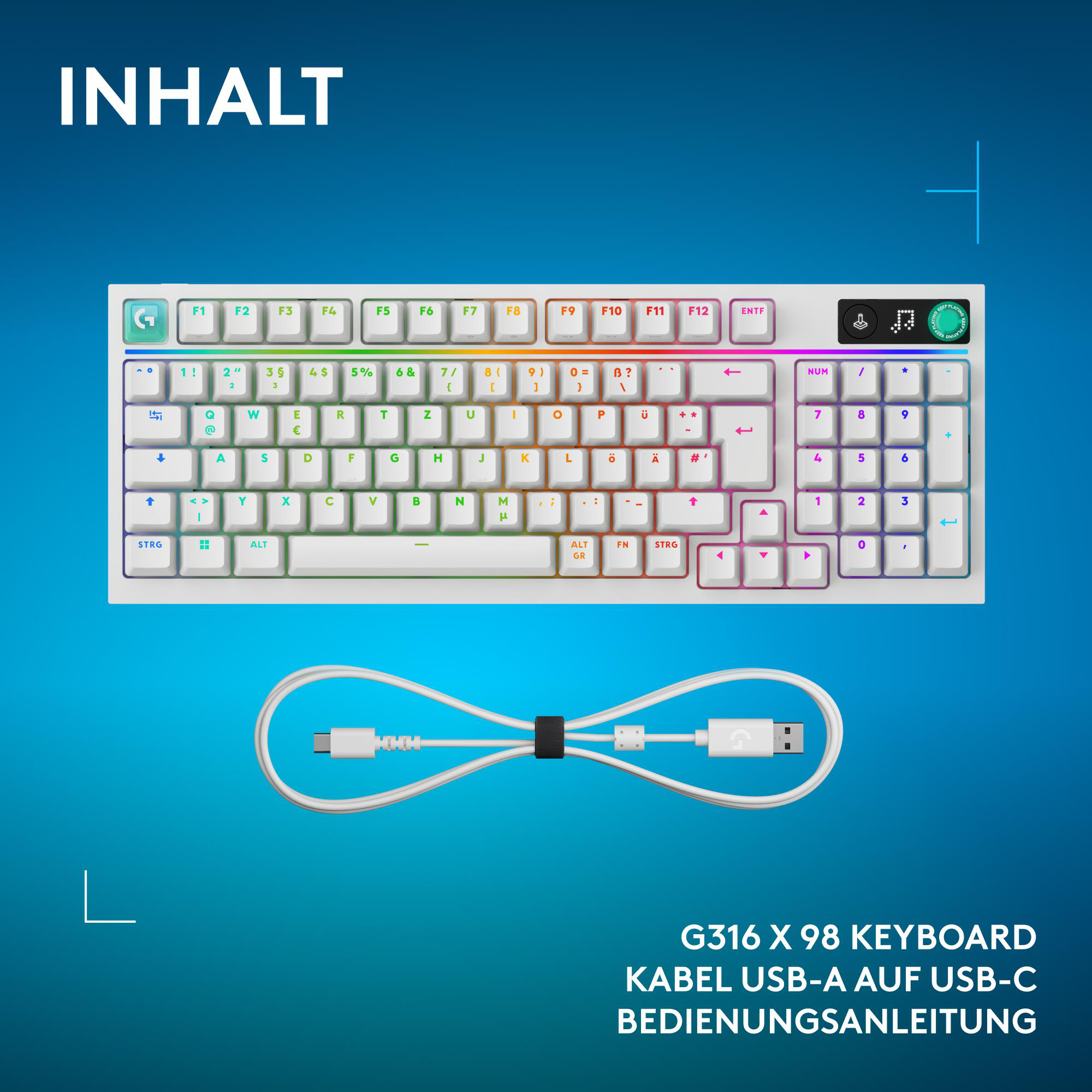 Ein weißes Keyboard mit RGB-Beleuchtung und USB-C-Kabel.