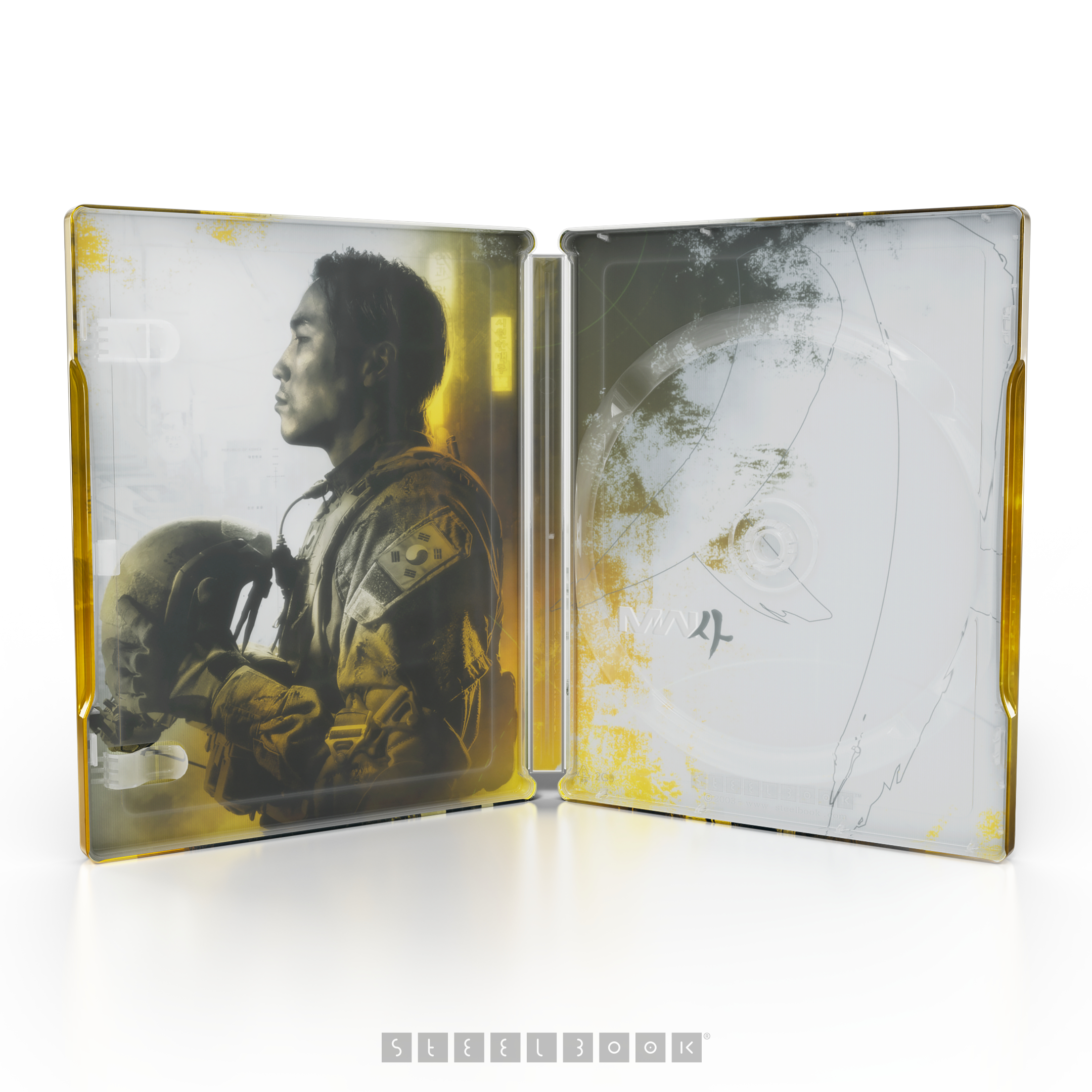 Ein geöffnetes Steelbook mit einem Piloten, der einen Helm hält. Gelbe Akzente.