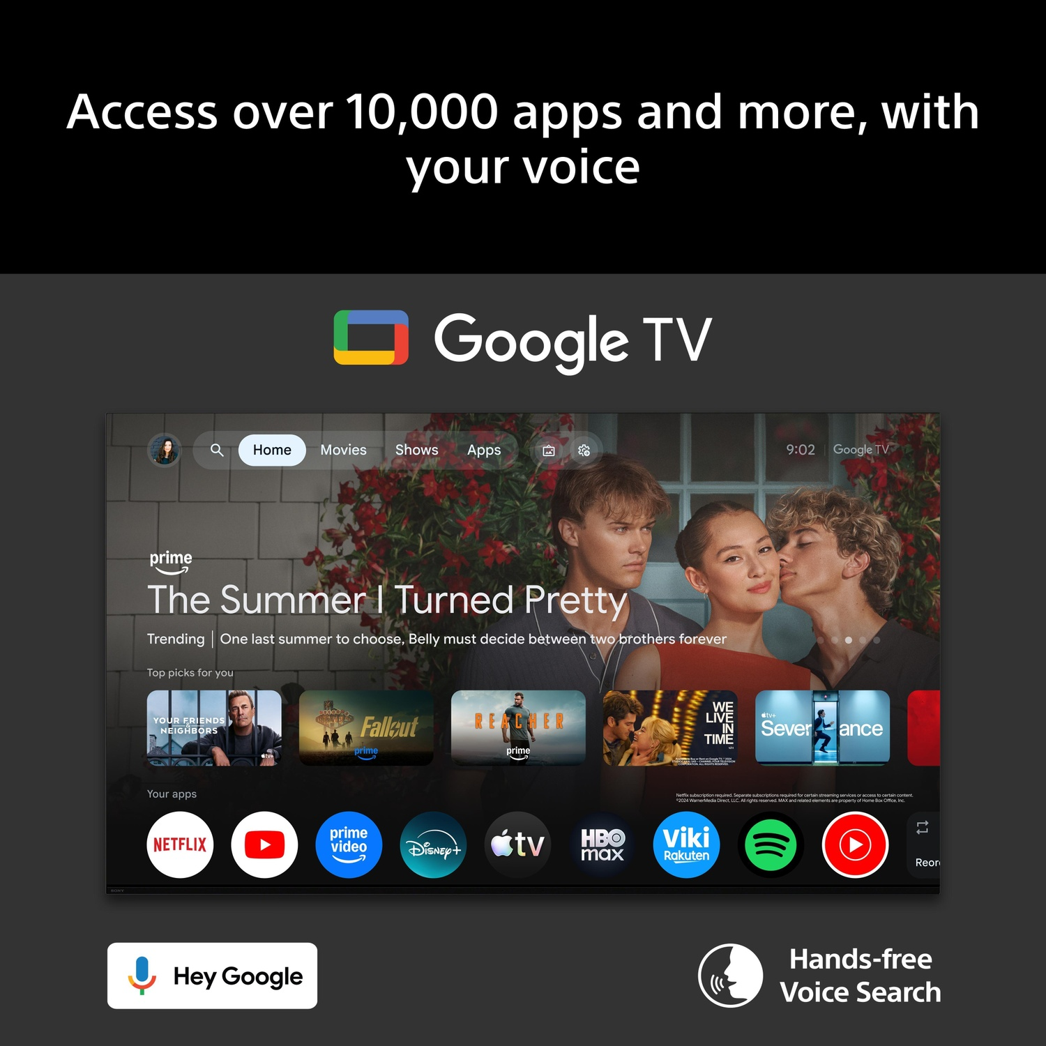 Google TV home screen with apps like Netflix and Prime Video. "The Summer I Turned Pretty" is featured.