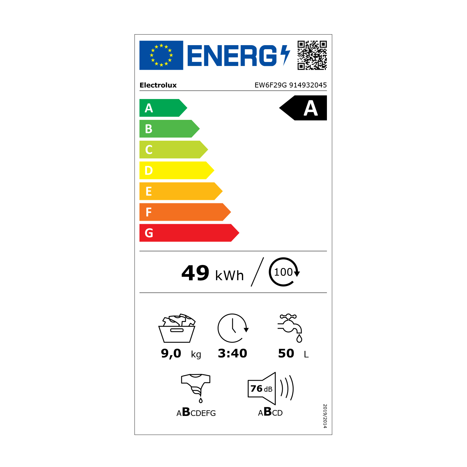 Etichetta energetica lavatrice Electrolux, classe A.