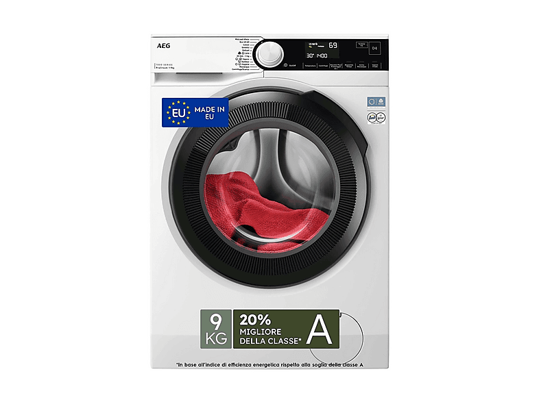 AEG LR7FD94 LAVATRICE, Caricamento frontale, 9 kg, 12 programmi, Profondità 57,2 cm, Giri 1400 rpm, Bianco, livello rumorosità centrifuga 74 dB(A), Classe A