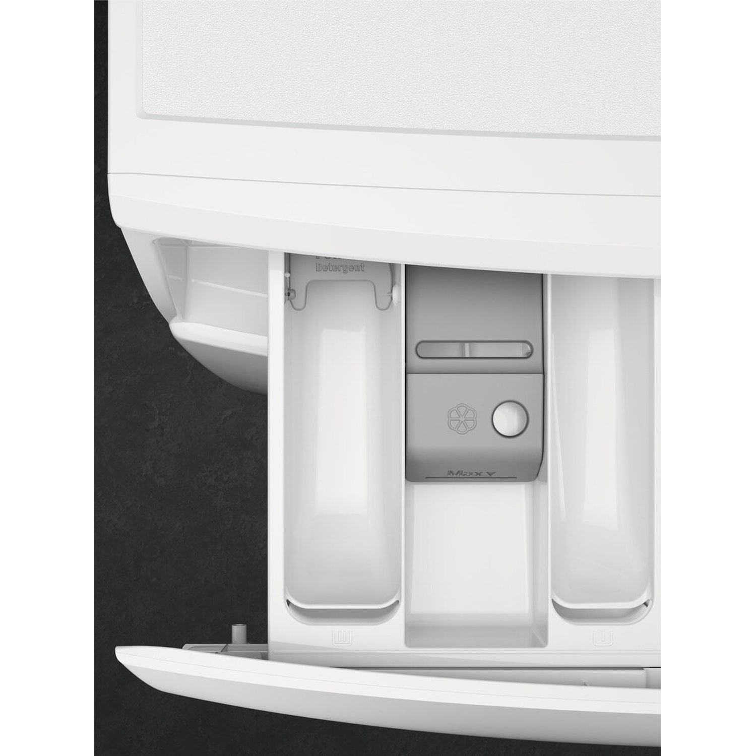 Cassetto detersivo lavatrice con tre scomparti.