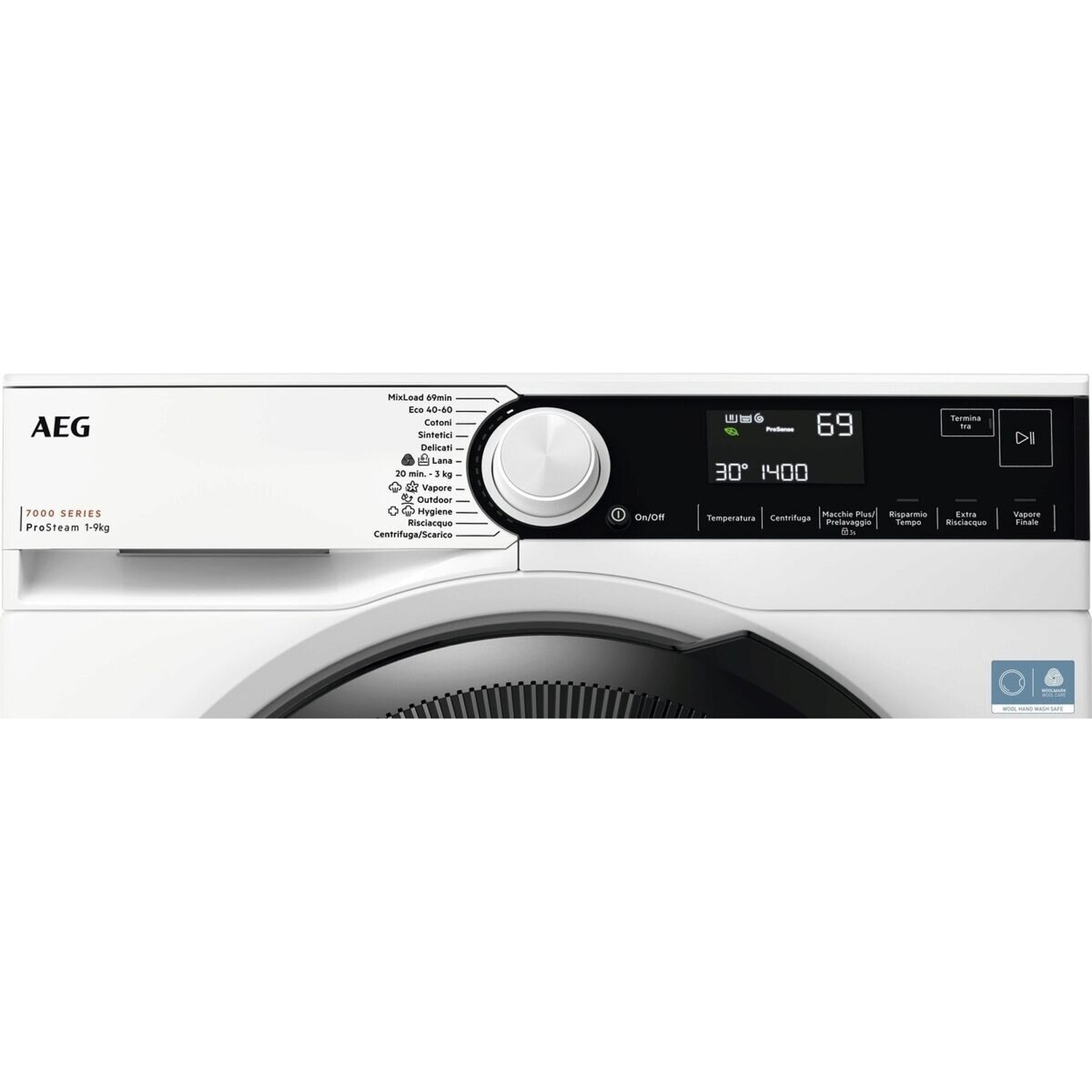 Lavatrice AEG bianca con pannello di controllo digitale e selezione programmi.