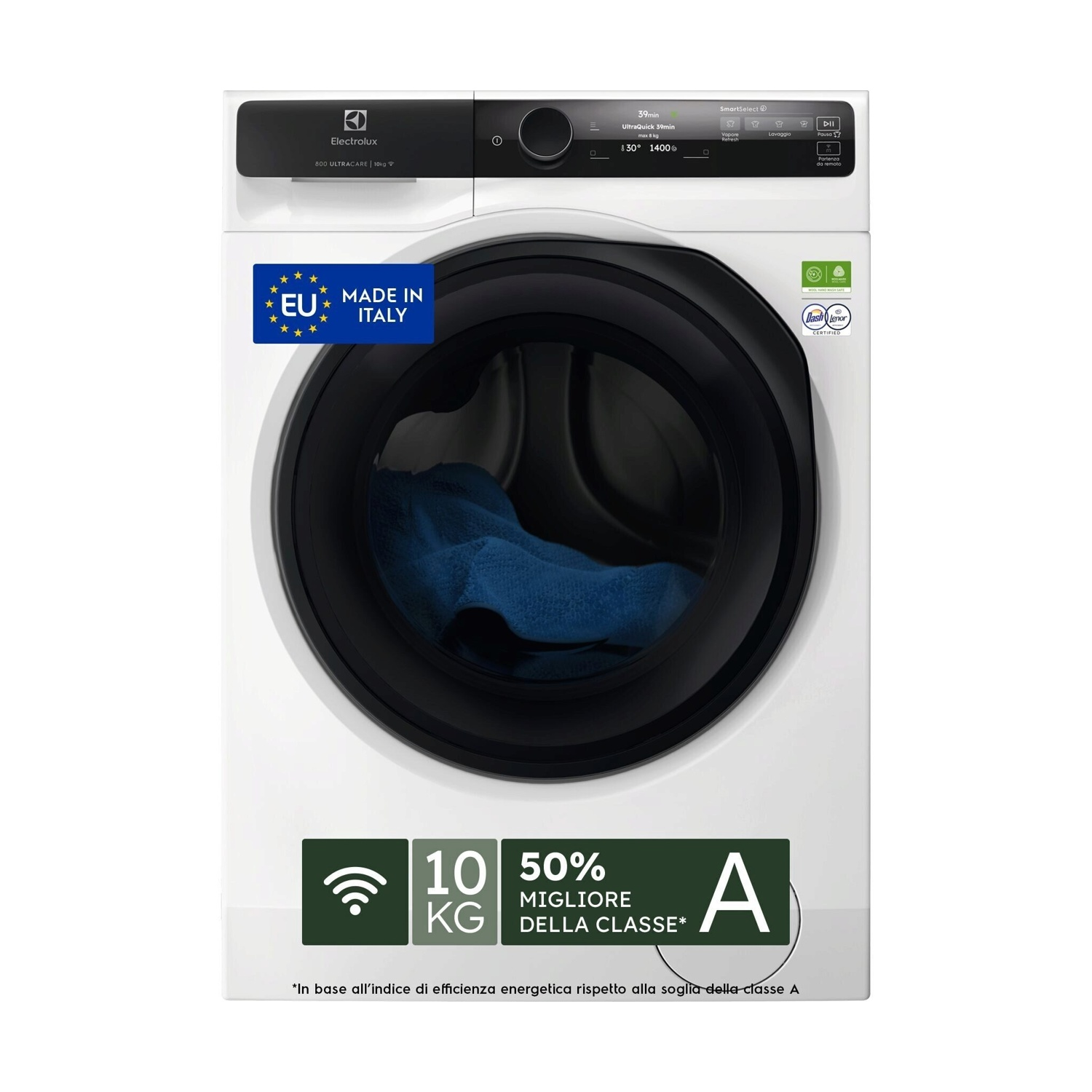 Lavatrice Electrolux bianca con oblò e pannello neri. Adesivo "Made in Italy".
