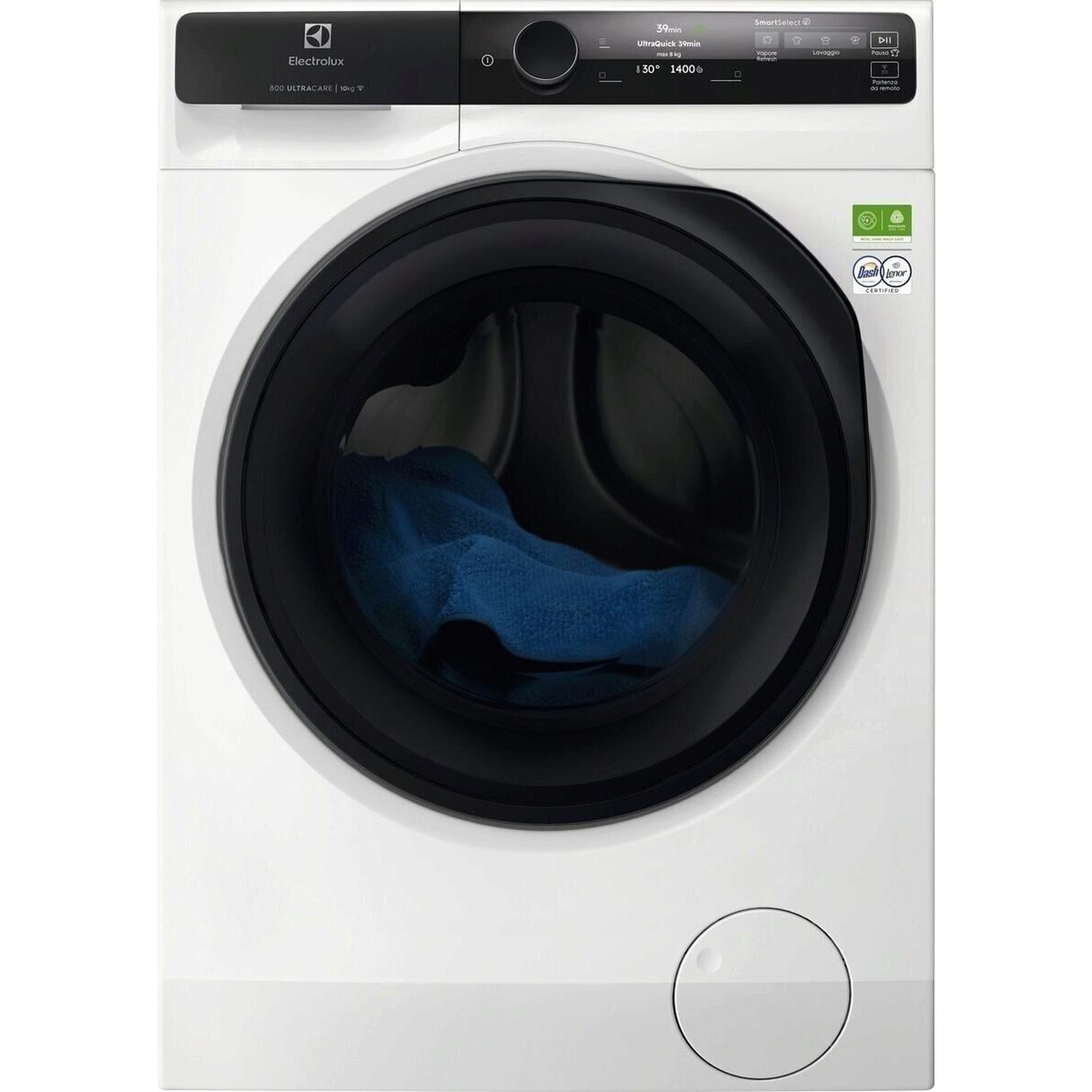 Lavatrice bianca Electrolux con oblò nero. Vestiti blu all'interno.
