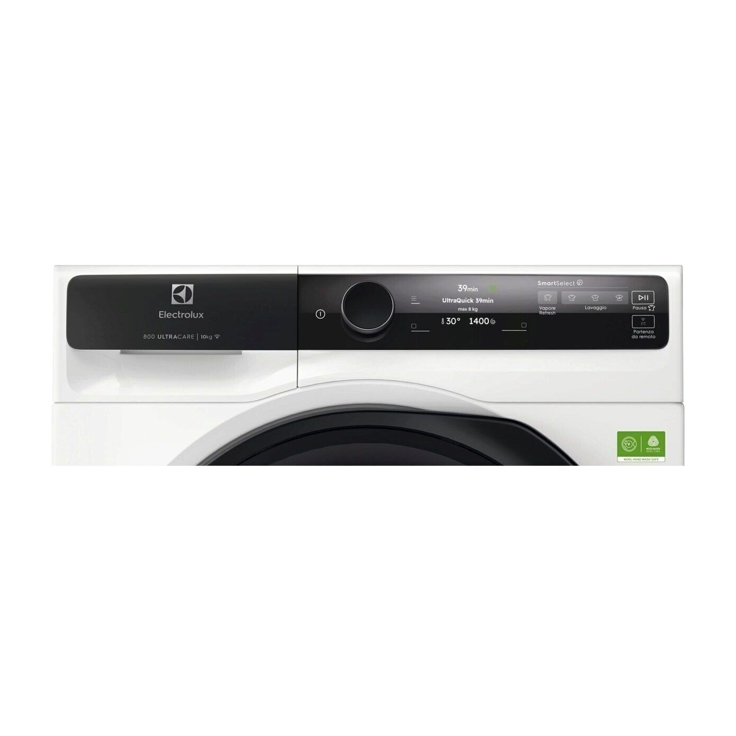 Lavatrice Electrolux bianca con display digitale e pannello di controllo.