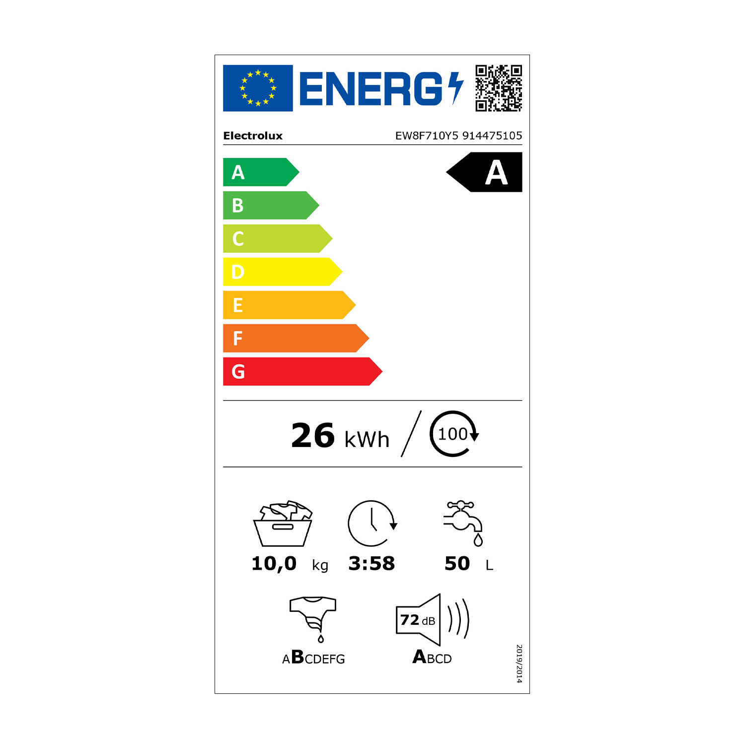 Etichetta energetica lavatrice: Classe A, 26 kWh/100 cicli, 10 kg, 3:58, 50 L, 72 dB.