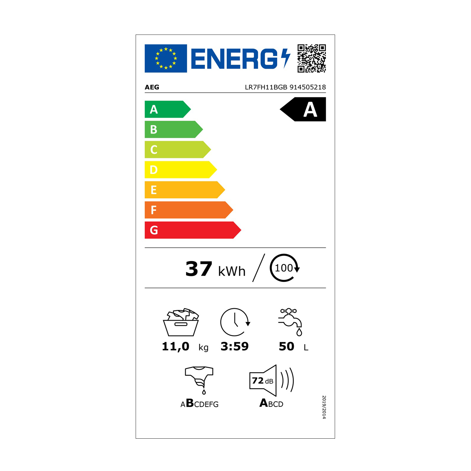 Etichetta energetica, Classe A, 37 kWh/100 cicli, capacità 11 kg, 3:59 ore.