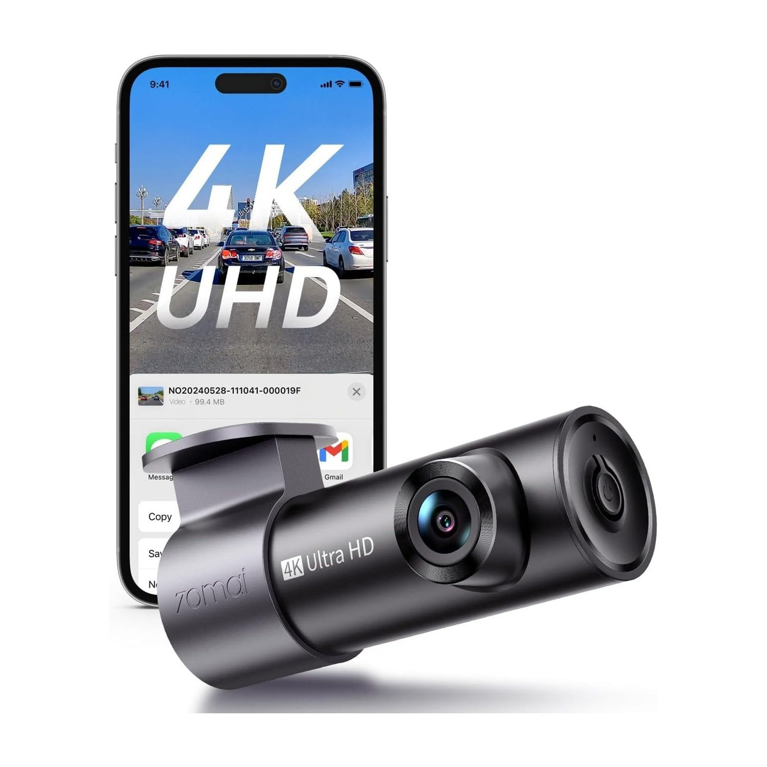 Uno smartphone mostra una vista di guida 4K; una dashcam nera accanto.