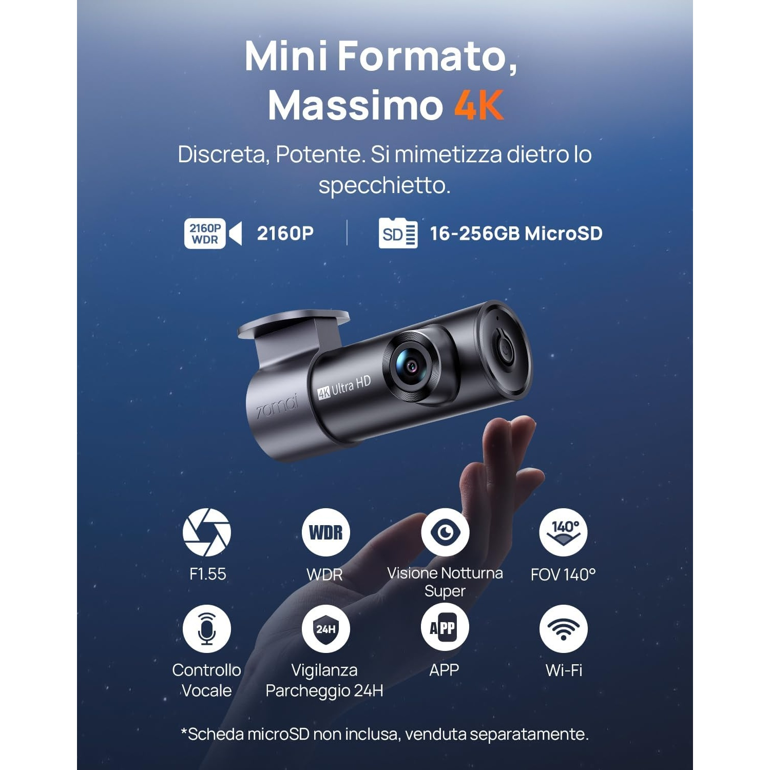 Una videocamera da cruscotto per auto 4K compatta e potente che si nasconde dietro lo specchio.