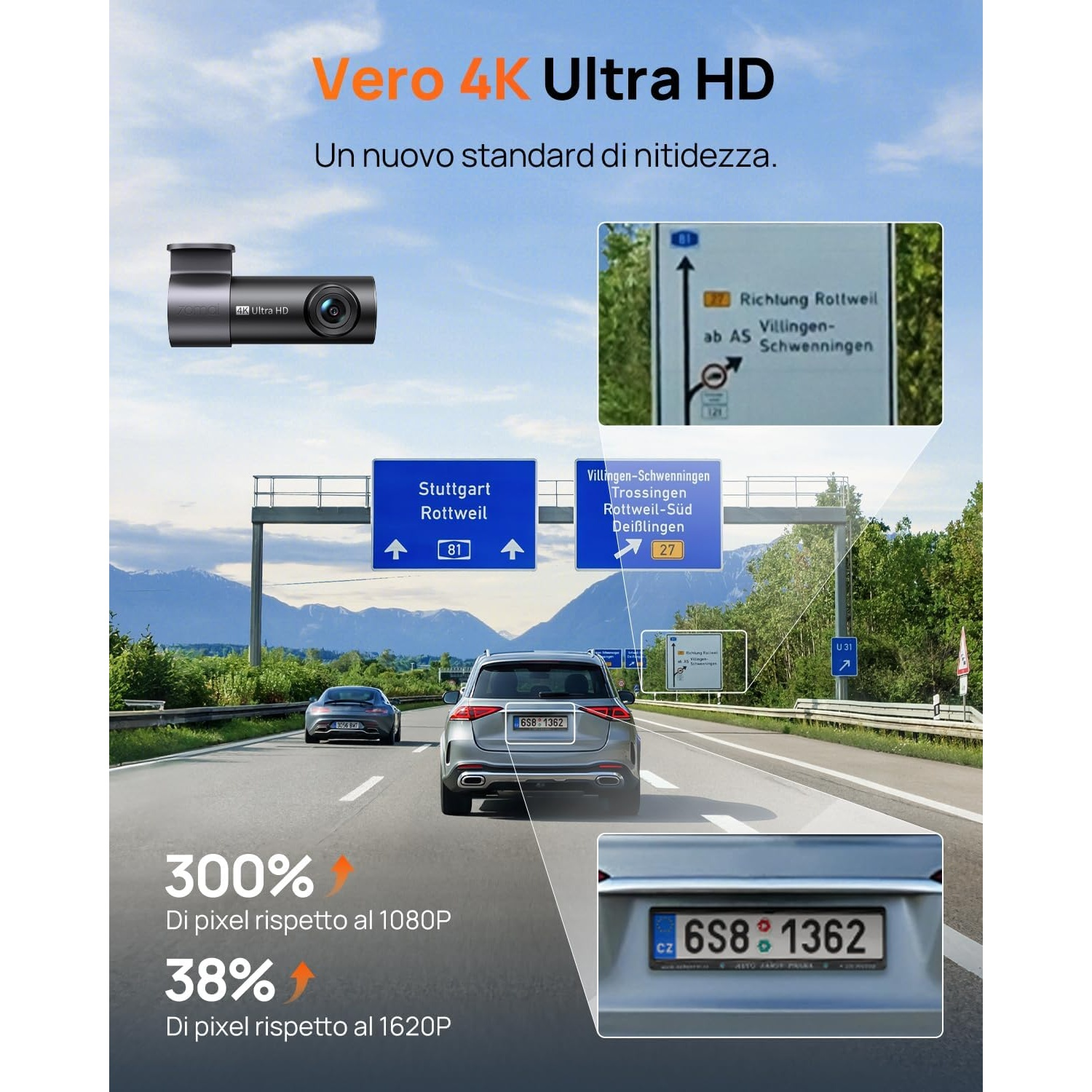Tre auto su un'autostrada con segnali stradali e una telecamera 4K.