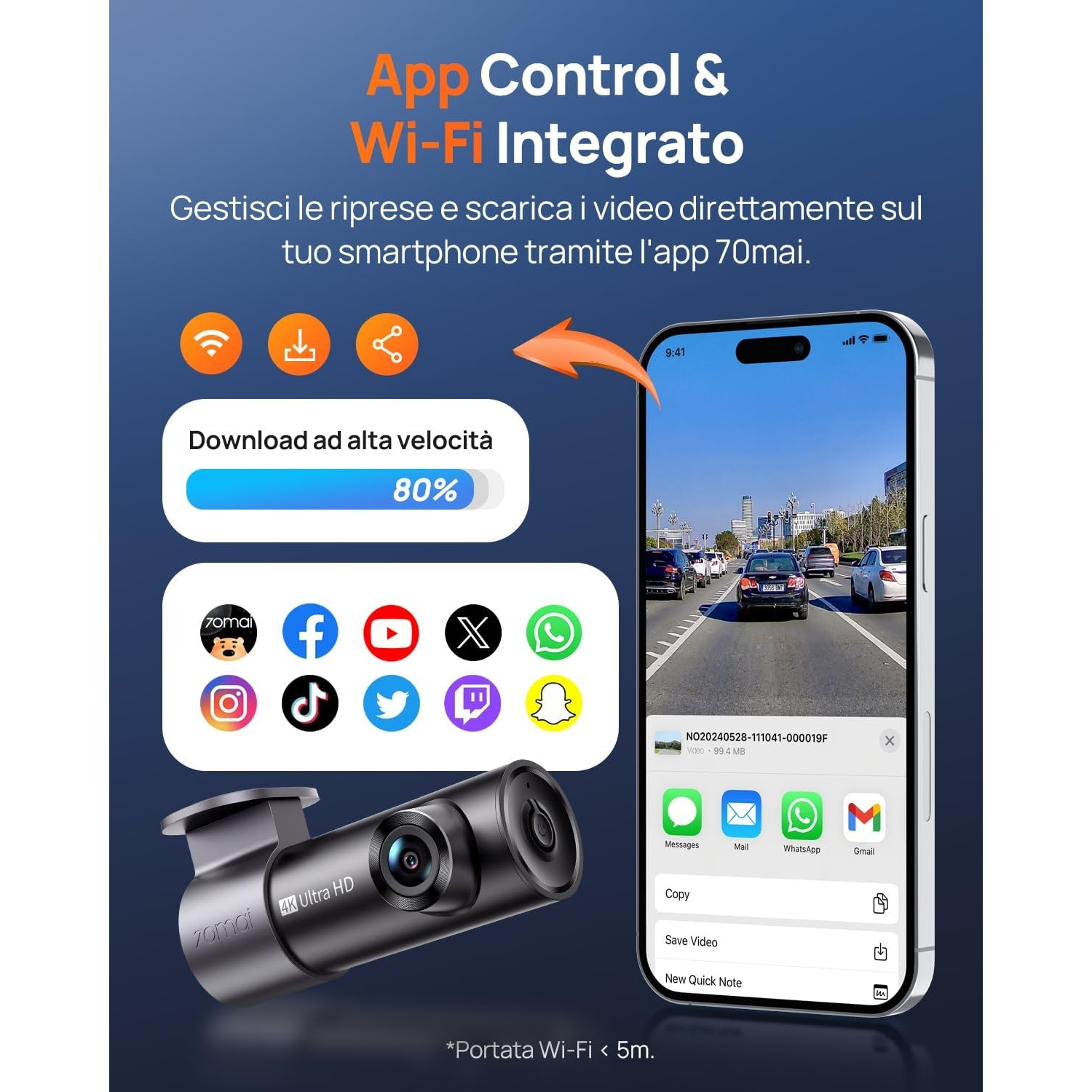 Dashcam con controllo app e Wi-Fi. Mostra schermo smartphone con flusso video.